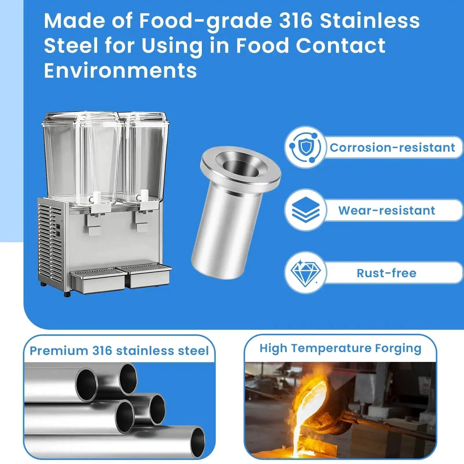 Food-grade 316 stainless steel sleeve and dispenser, corrosion- and wear-resistant, for beverage environments.