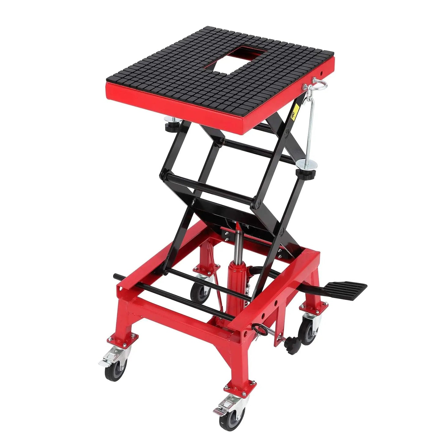 Foot Operated Hydraulic Motorcycle Lift Jack With 350 Lb Capacity, Wide Deck And Locking Wheels, Safe Scissor Lift, Red