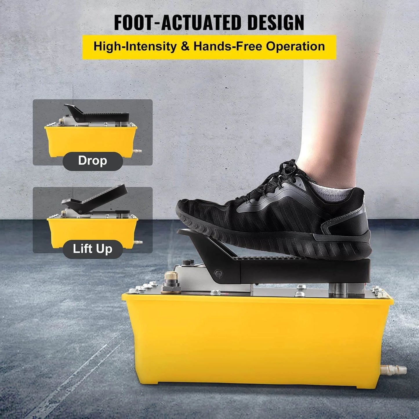 Air Hydraulic Pump, 10,000 PSI Hydraulic Foot Pump, 0.6 Gal Reservoir with foot pressing, hands-free operation