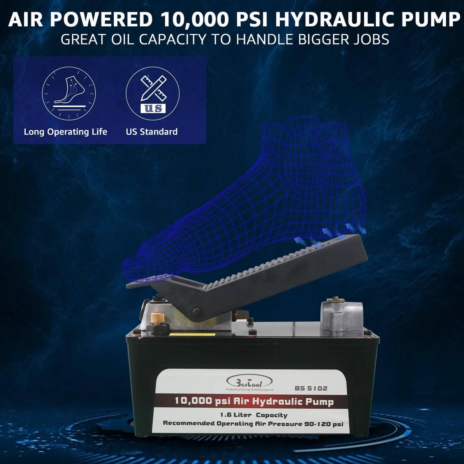 BESTOOL 10,000 PSI, 1/2 Gal Reservoir Foot-Operated Air Hydraulic Pump, side view with foot control design and specifications