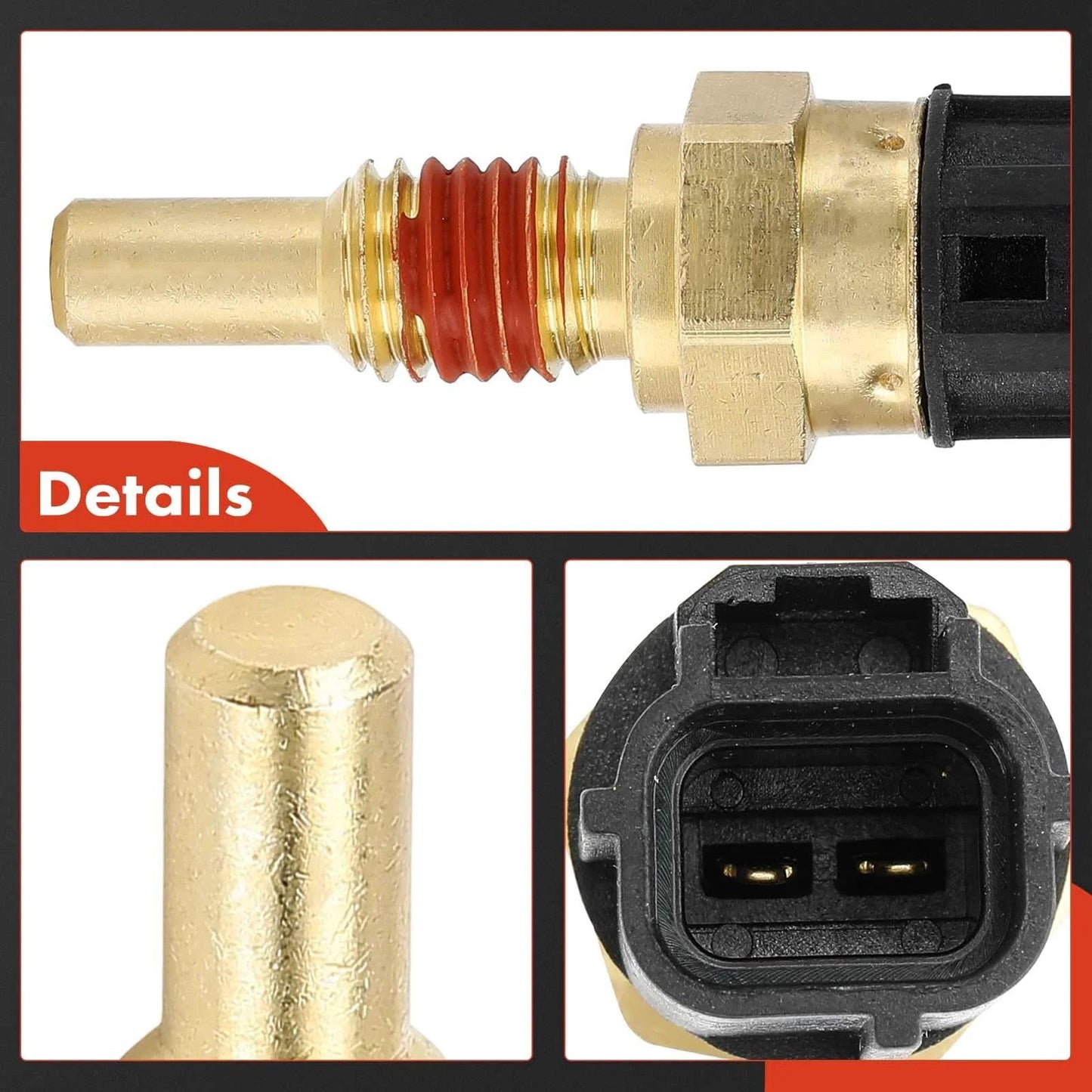 Engine Coolant Temperature Sensor Two Pins For Ford Vehicles Including F150 F250 Explorer Mustang Expedition Navigator Aviator Mercury Grand Marquis Marauder Replacement Sensor close-up view showing terminals and brass construction.