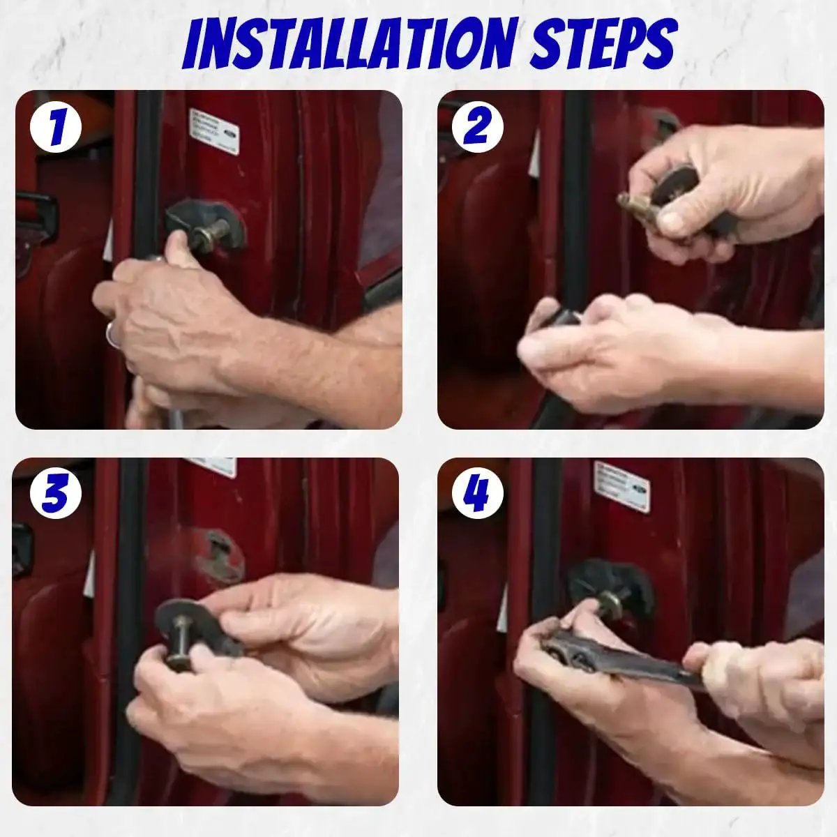 Installation steps for Four Piece Door Lock Lift Striker Bushings Set Seven Eighths Inch Size With Half Inch Inner Diameter And Eleven