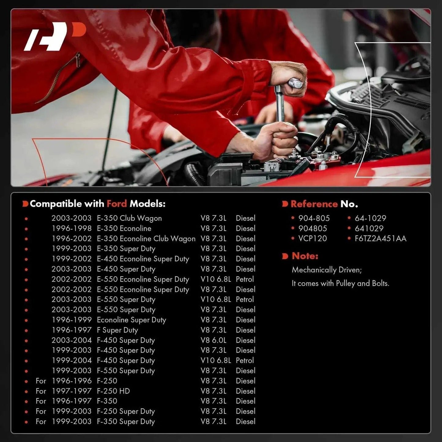 Mechanic installing Premium Vacuum Pump for Ford F 250 F 350 F 450 F 550 Super Duty and E Series Econoline, showing compatibility chart.