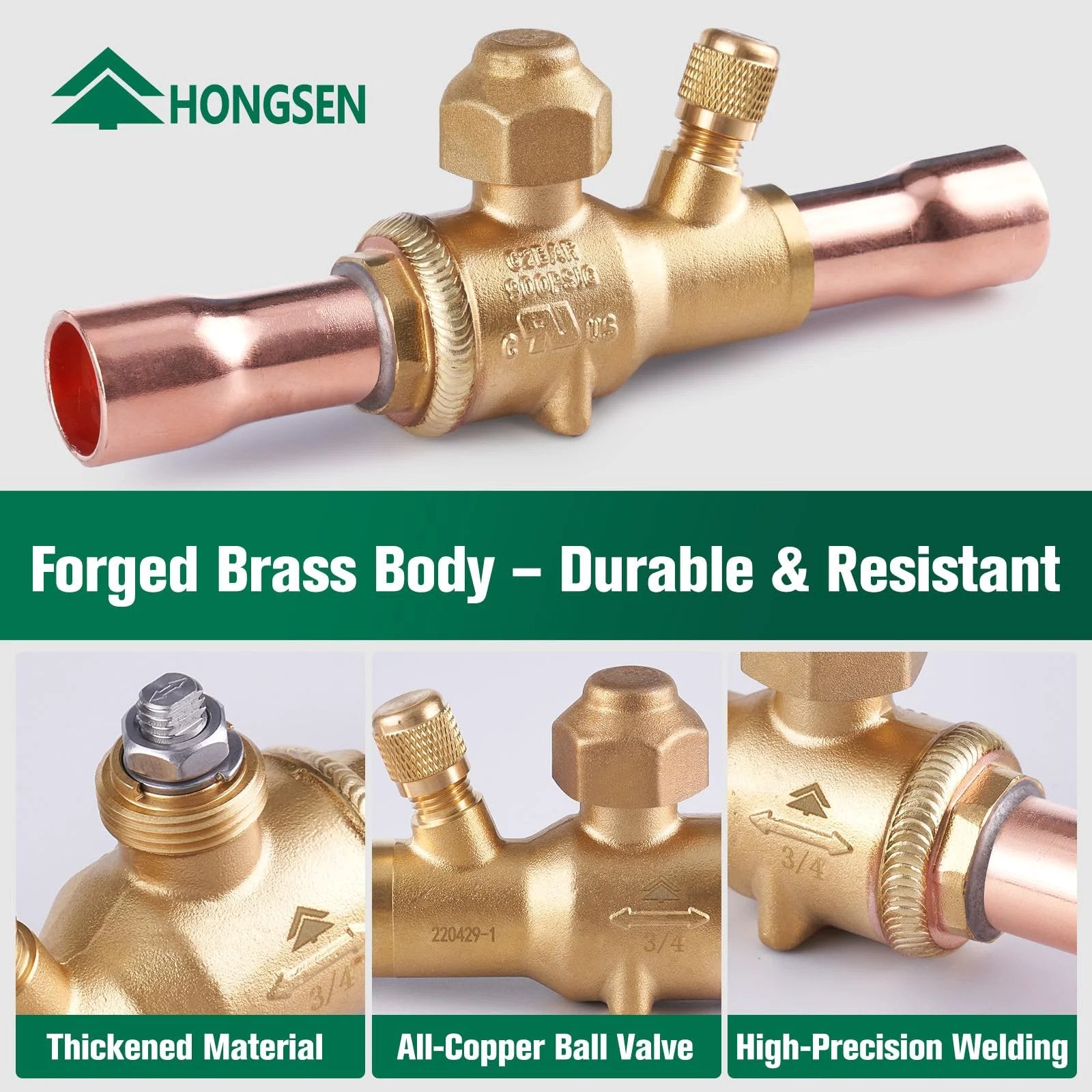 3/8 ODF Brass Refrigeration Ball Valve UL Listed Helium Leak Tested High Pressure 900 PSI close-up of brass body and solder connections