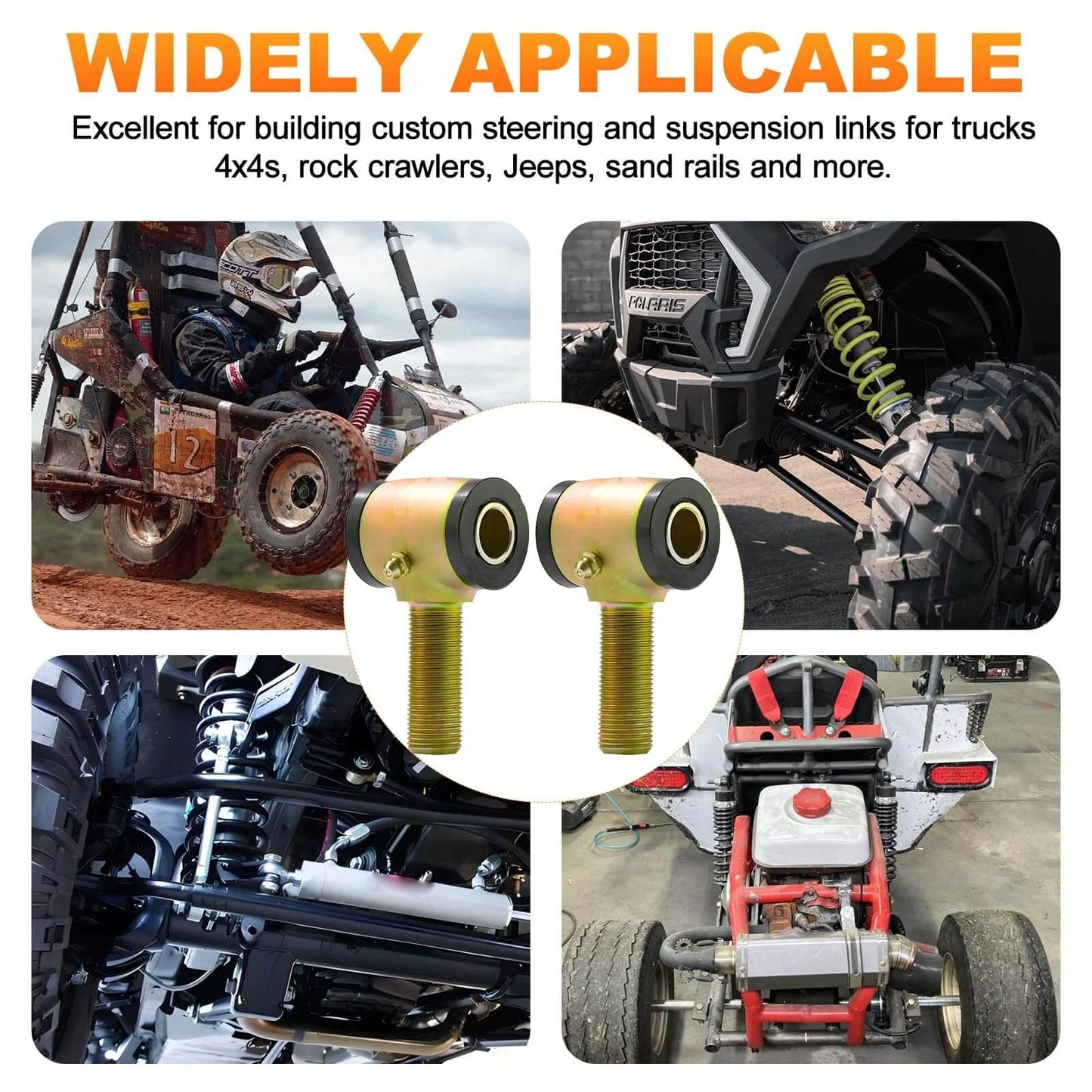 5/8-18 forged steel 4 bar rod end kit for suspension links shown with off-road vehicles and parts
