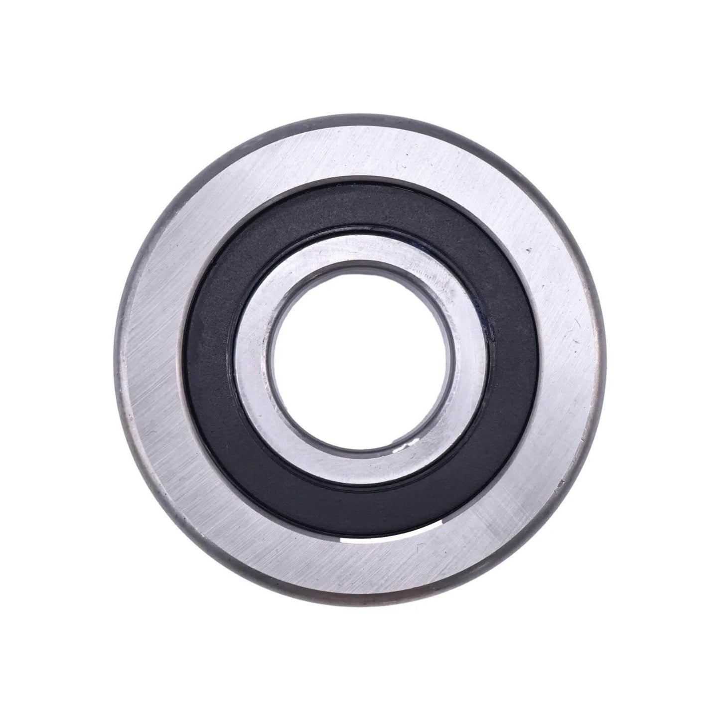 Mast roller bearing 61236-16600-71 compatible with Toyota forklifts, front view of metal bearing with black inner ring
