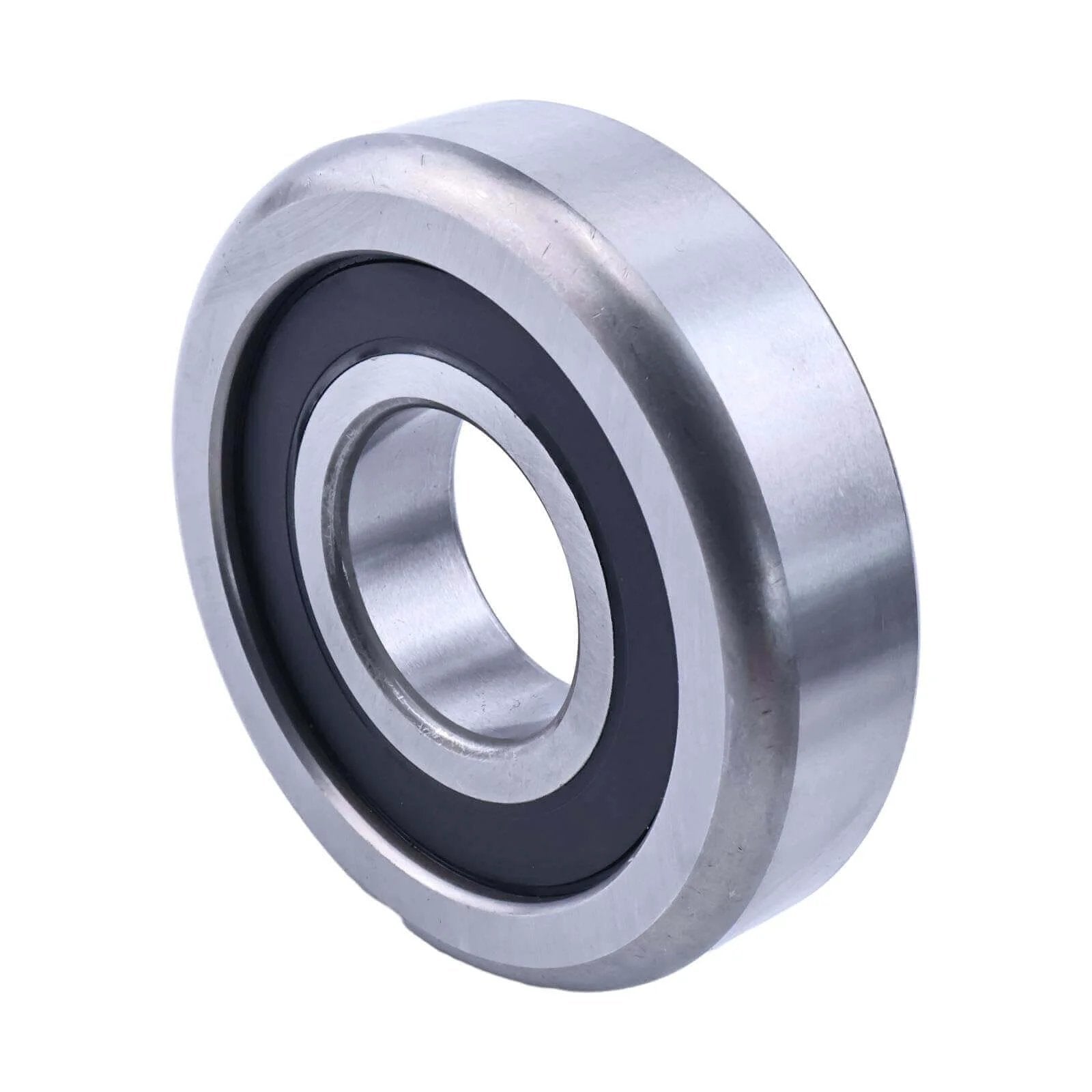 Close-up of Forklift mast roller bearing KY70026 heavy duty replacement, designed for industrial forklifts, showing metal and rubber structure.