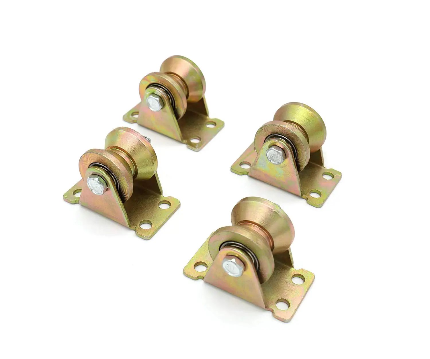 Front view of Four Pack Color Zinc Plated V Groove Track Wheel Set with 1.2 inch diameter and 1.0 inch width, ideal for sliding doors.