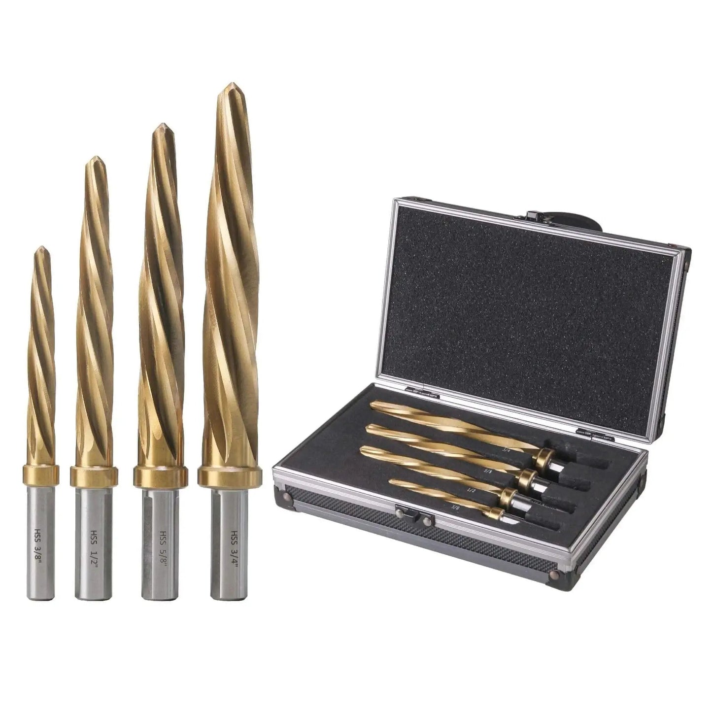 Four Piece Bridge And Construction Reamer Set With M2 HSS Taper Chucking Reamers For Steel Aluminum Wood And Plastic To Enlarge And Align Holes With Three Eighths Inch Or One Half Inch Shanks showing reamers and case