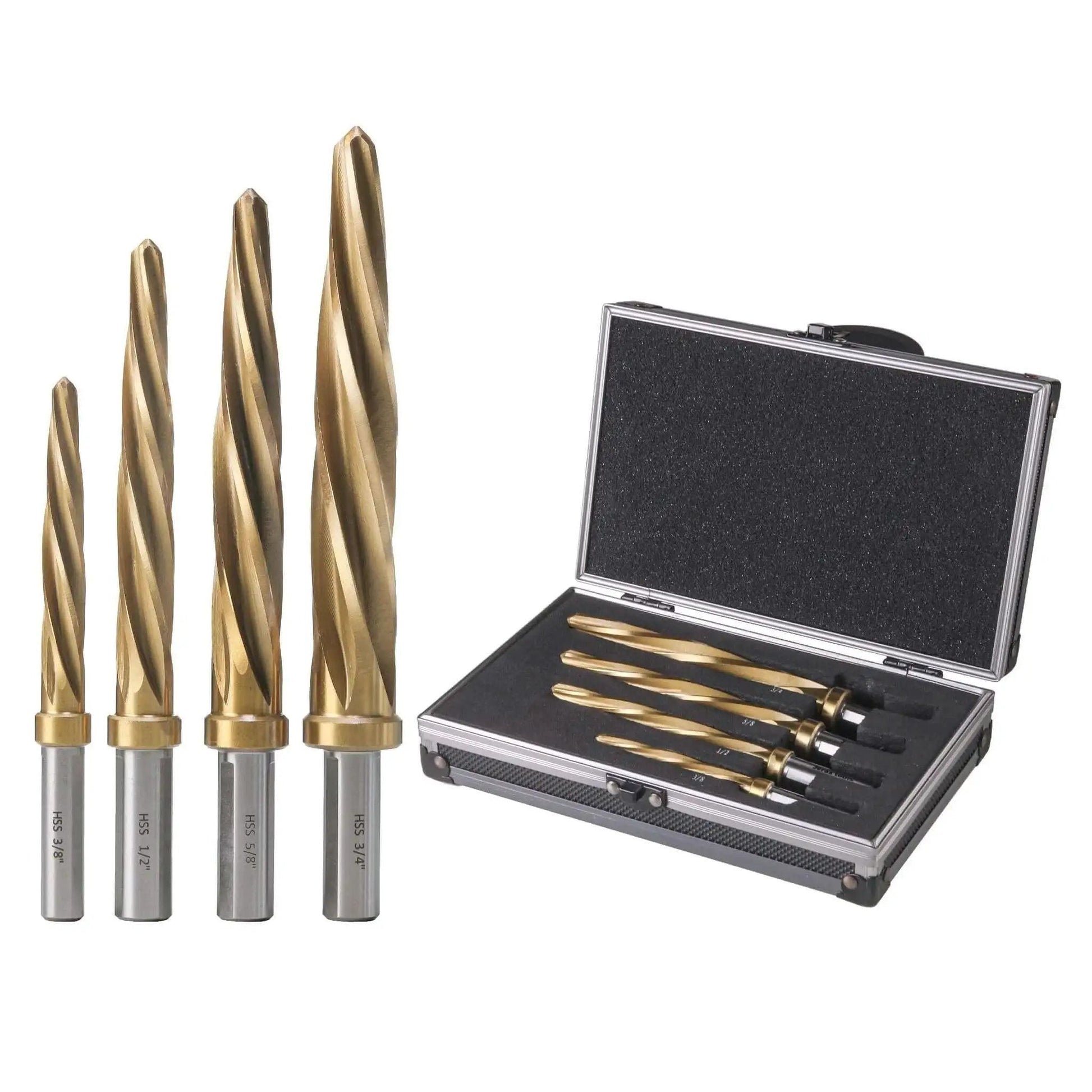 Four Piece Bridge And Construction Reamer Set With M2 HSS Taper Chucking Reamers For Steel Aluminum Wood And Plastic To Enlarge And Align Holes With Three Eighths Inch Or One Half Inch Shanks showing reamers and case
