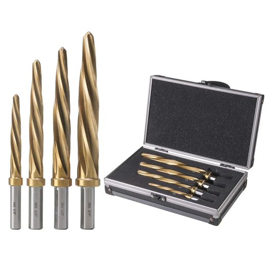 Four Piece Bridge And Construction Reamer Set With M2 HSS Taper Chucking Reamers For Steel Aluminum Wood And Plastic To Enlarge And Align Holes With Three Eighths Inch Or One Half Inch Shanks showing reamers and case