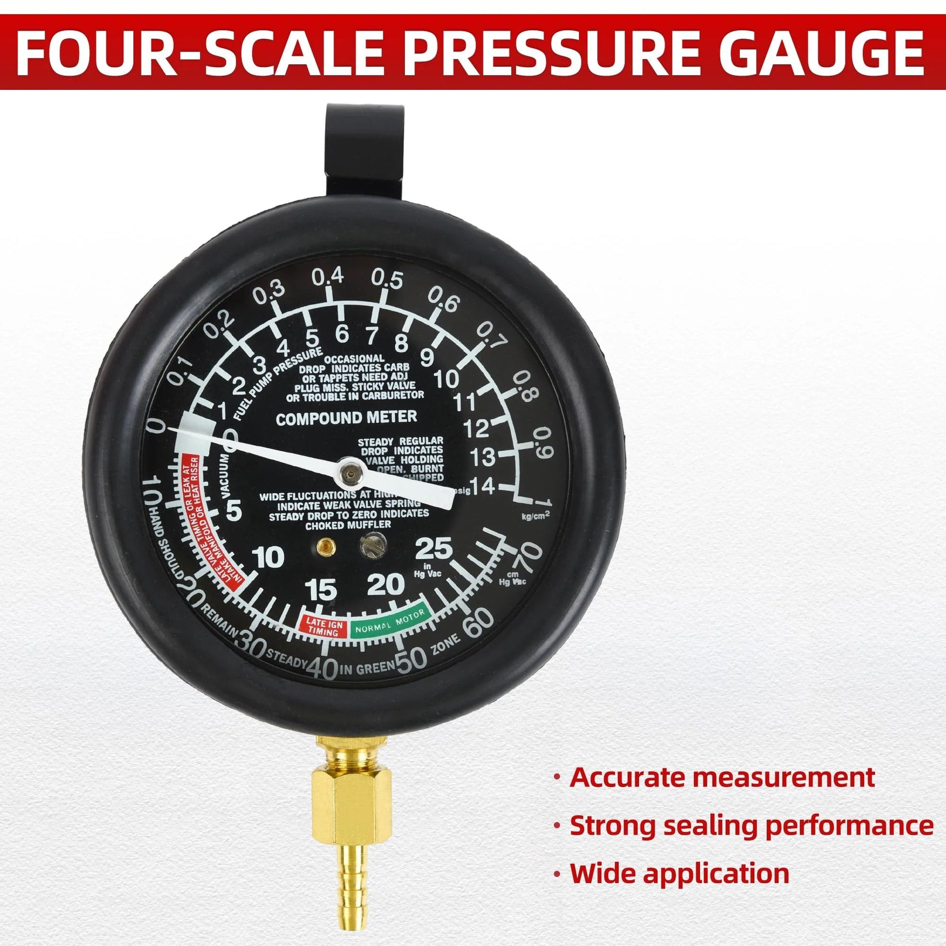 Fuel Pump Pressure and Vacuum Tester Kit for Carburetor and Intake Manifold Diagnosis, gauge with four scales, black dial