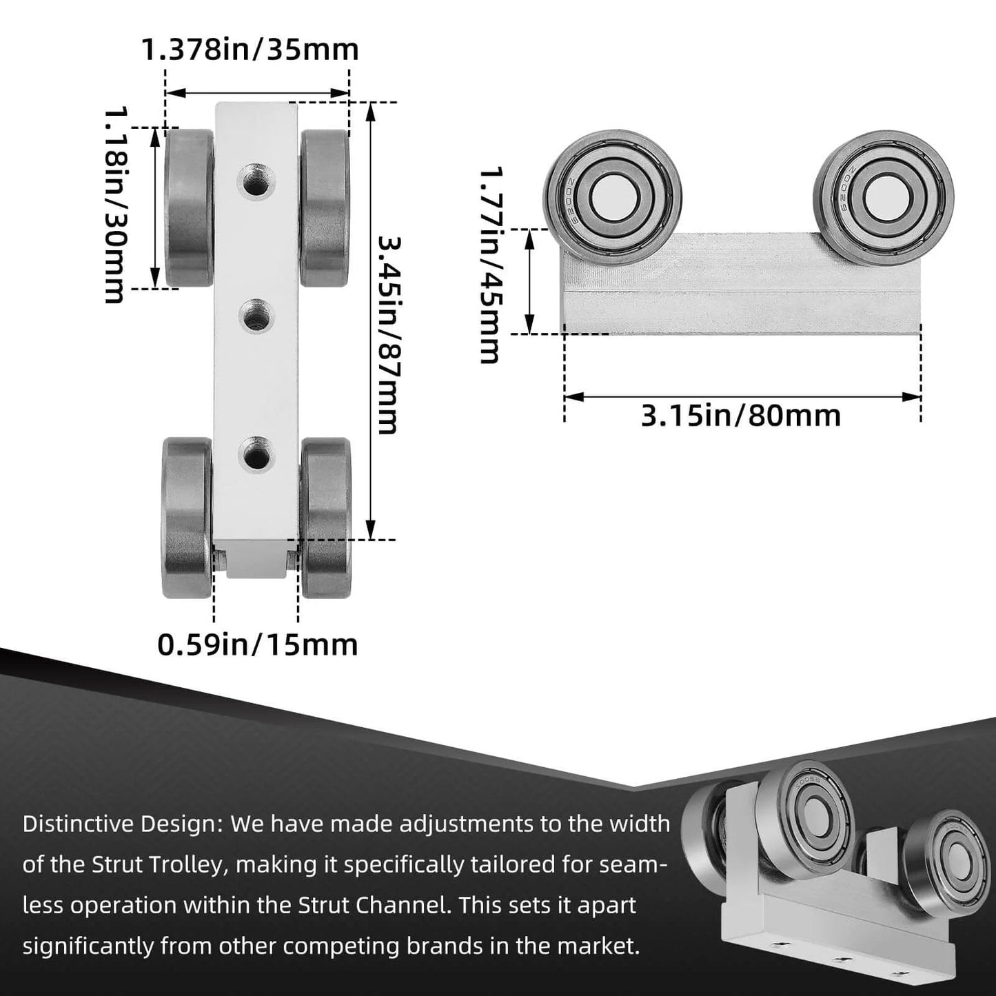 4 Wheel Trolley Assembly M5 Thread Rollers Four Bearing Trolley Assembly dimensions and design features