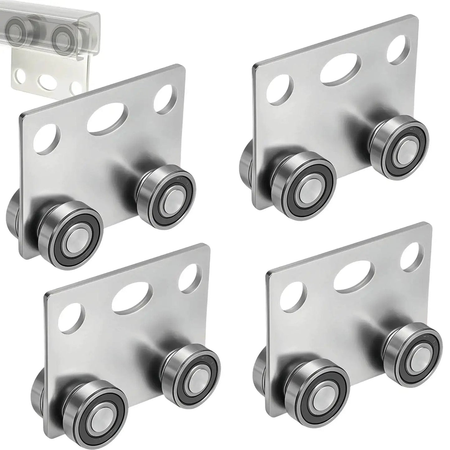 Four Wheel Trolley Assembly With Roller Bearings For Unistrut Channel One And Five Eighths Inch Wide And Taller Supports Steel Plate