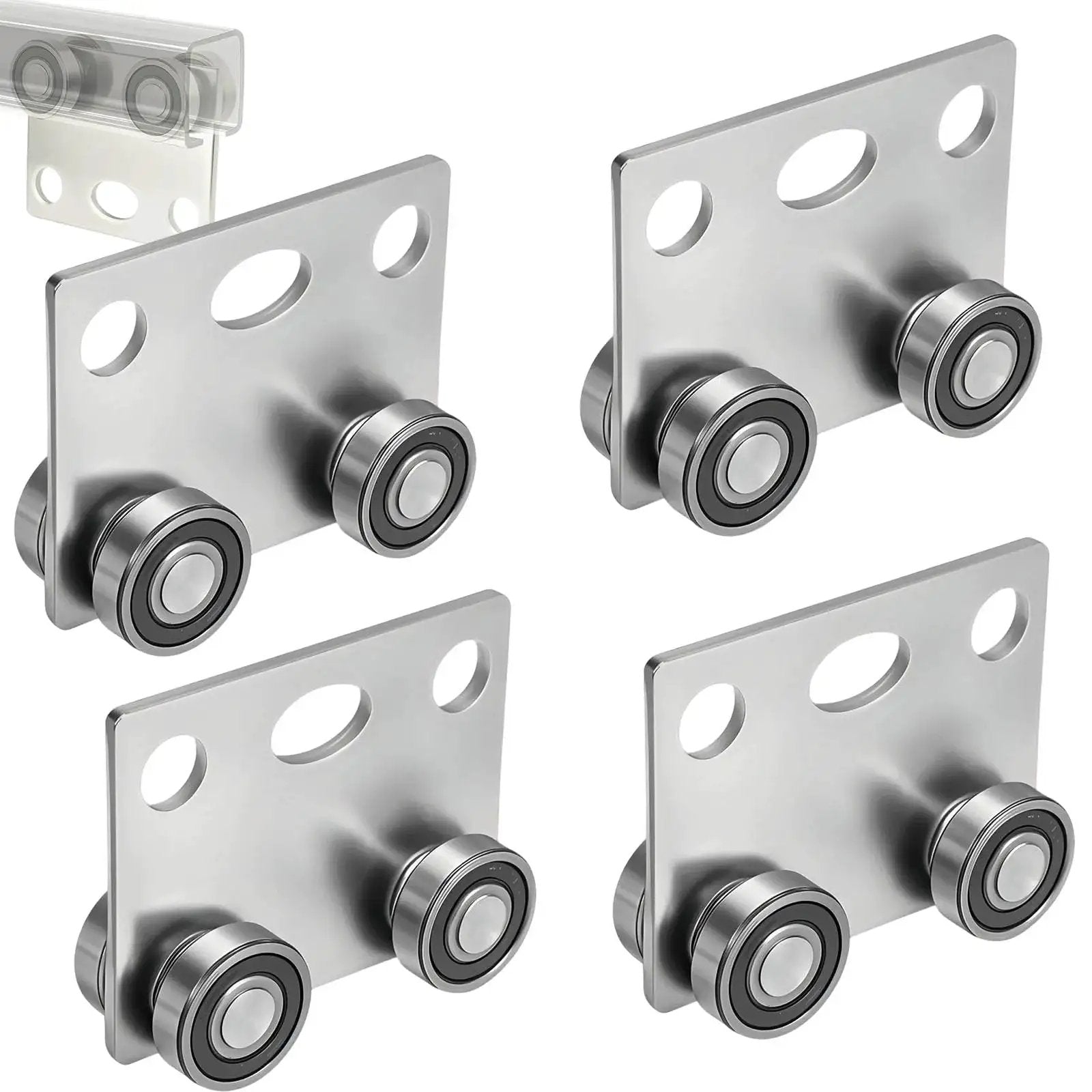 Four Wheel Trolley Assembly With Roller Bearings For Unistrut Channel One And Five Eighths Inch Wide And Taller Supports Steel Plate