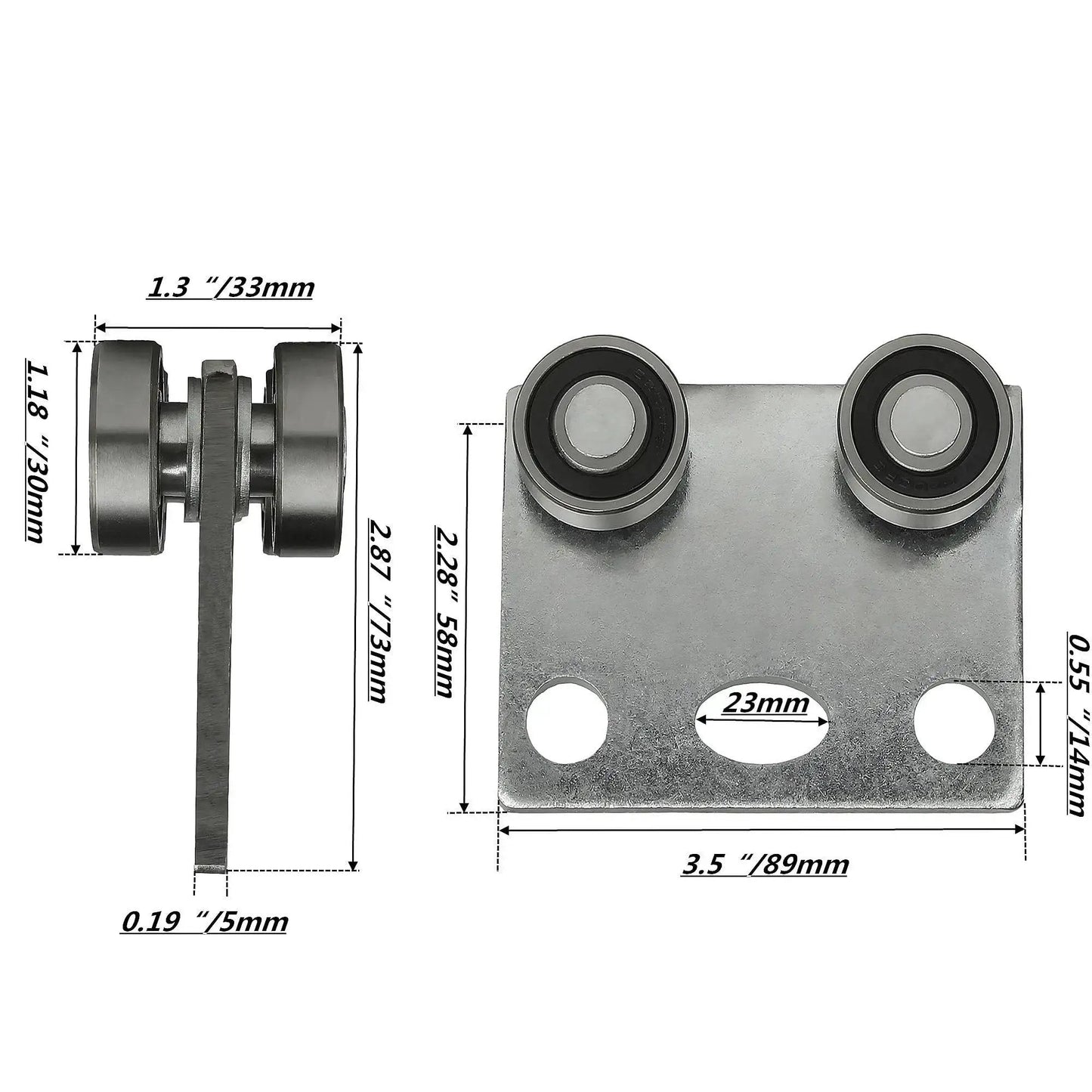 Four Wheel Trolley Assembly With Roller Bearings for Unistrut Channel, steel plate, with dimensions shown