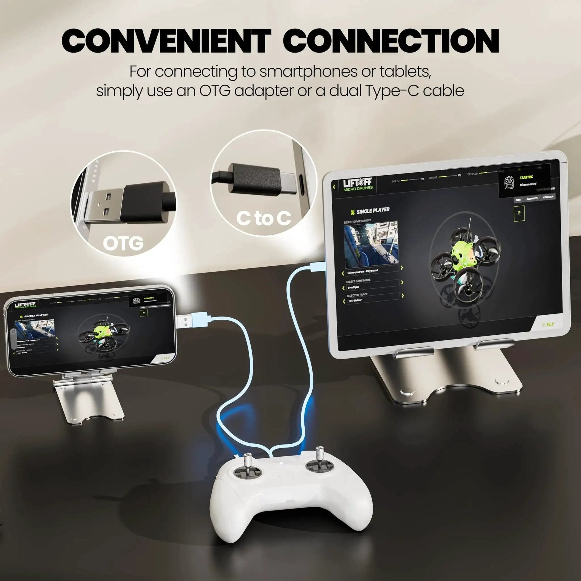 FPV Drone Simulator Controller For Beginners with 8 Channel Metal Joysticks connected to devices via USB-C