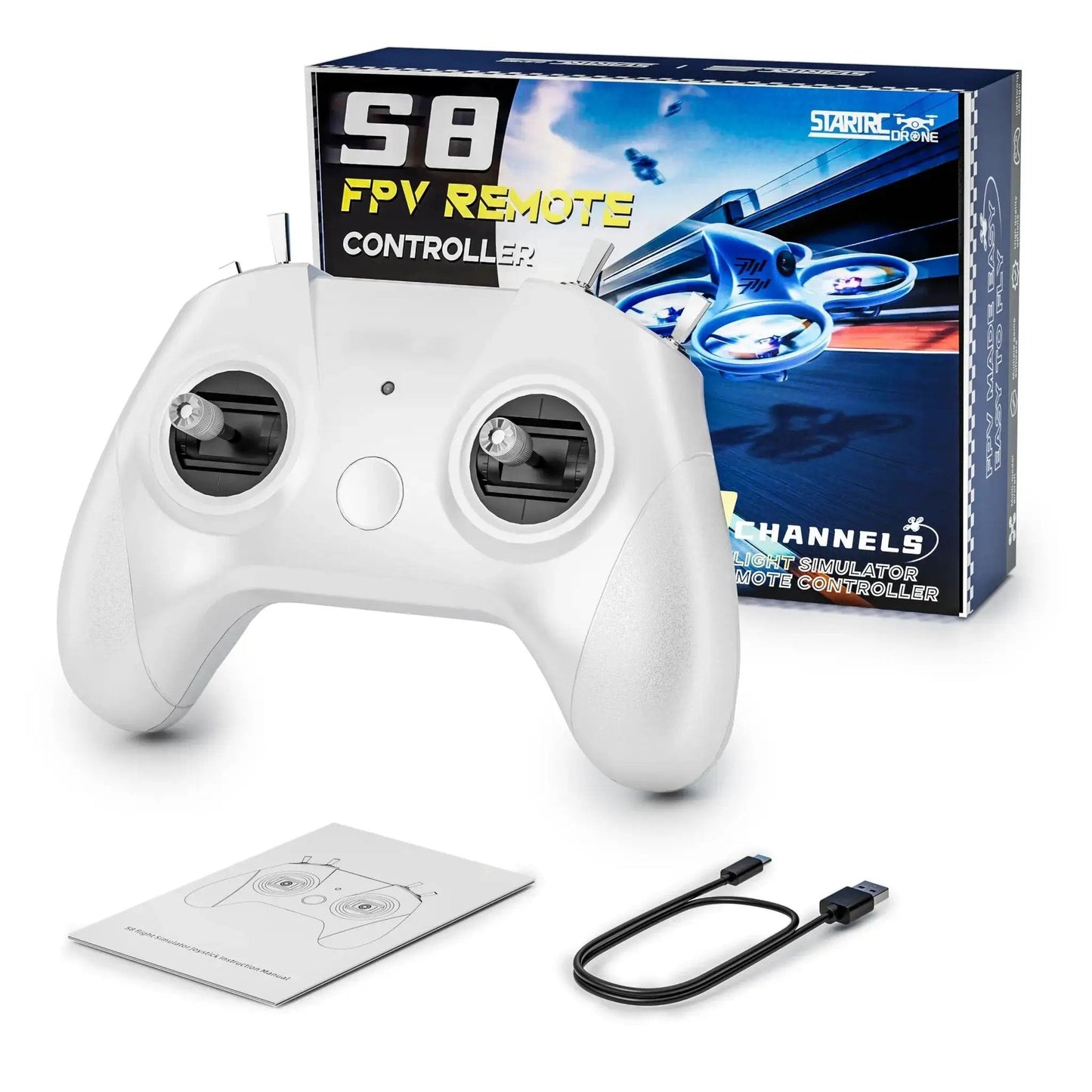 FPV Drone Simulator Controller For Beginners With 8 Channel Metal Joysticks And Dual Bearing Precision, Immersive Flight Experience, Compatible With Flight Simulator Programs DRL Liftoff Uncrashed VelociDrone Aerofly RC 10 Mode 2 White
