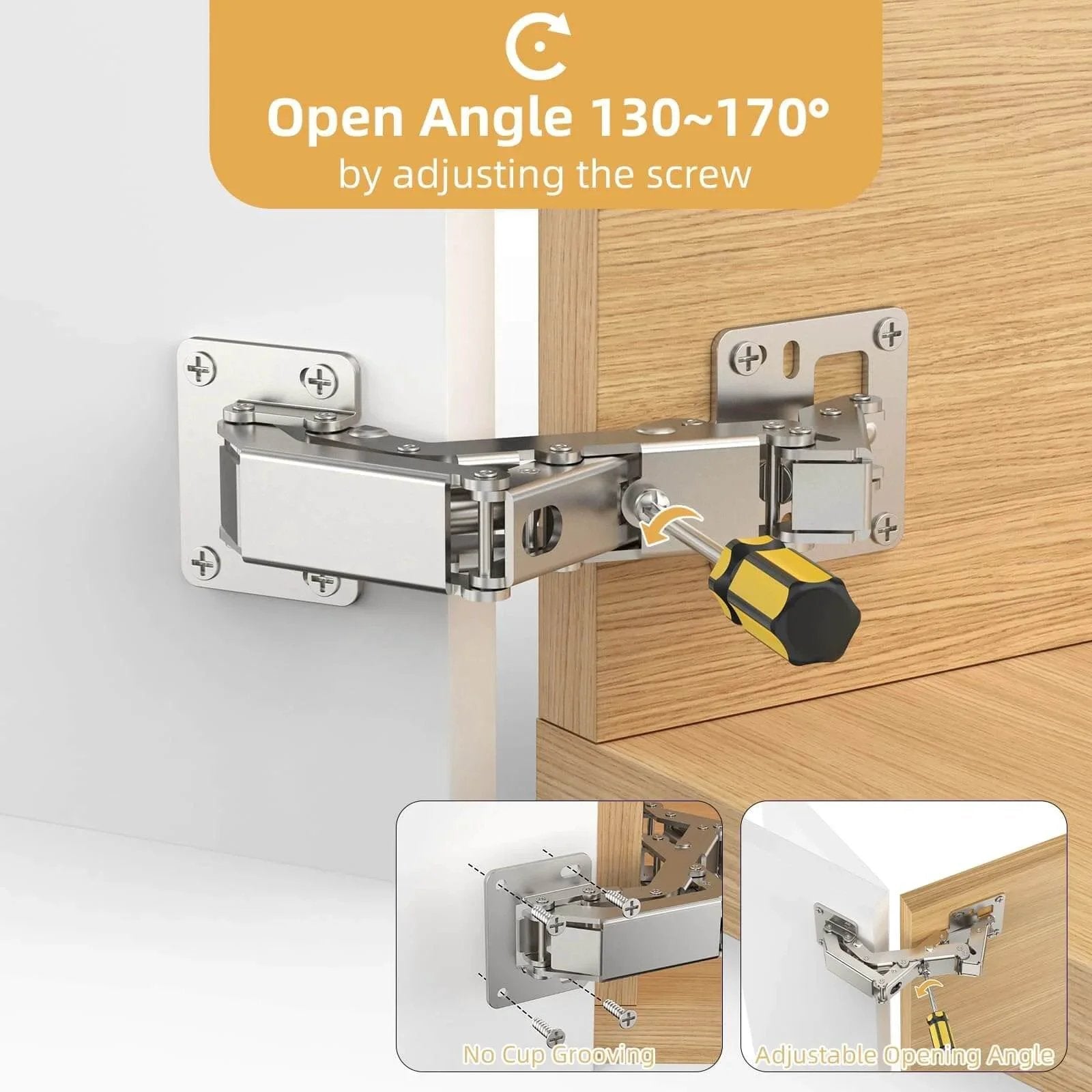 1 Pair 170 Degree Frameless Soft Close Cabinet Hinges, Heavy Duty Hidden Hydraulic Lazy Susan Hinges Installed on Wood Cabinet
