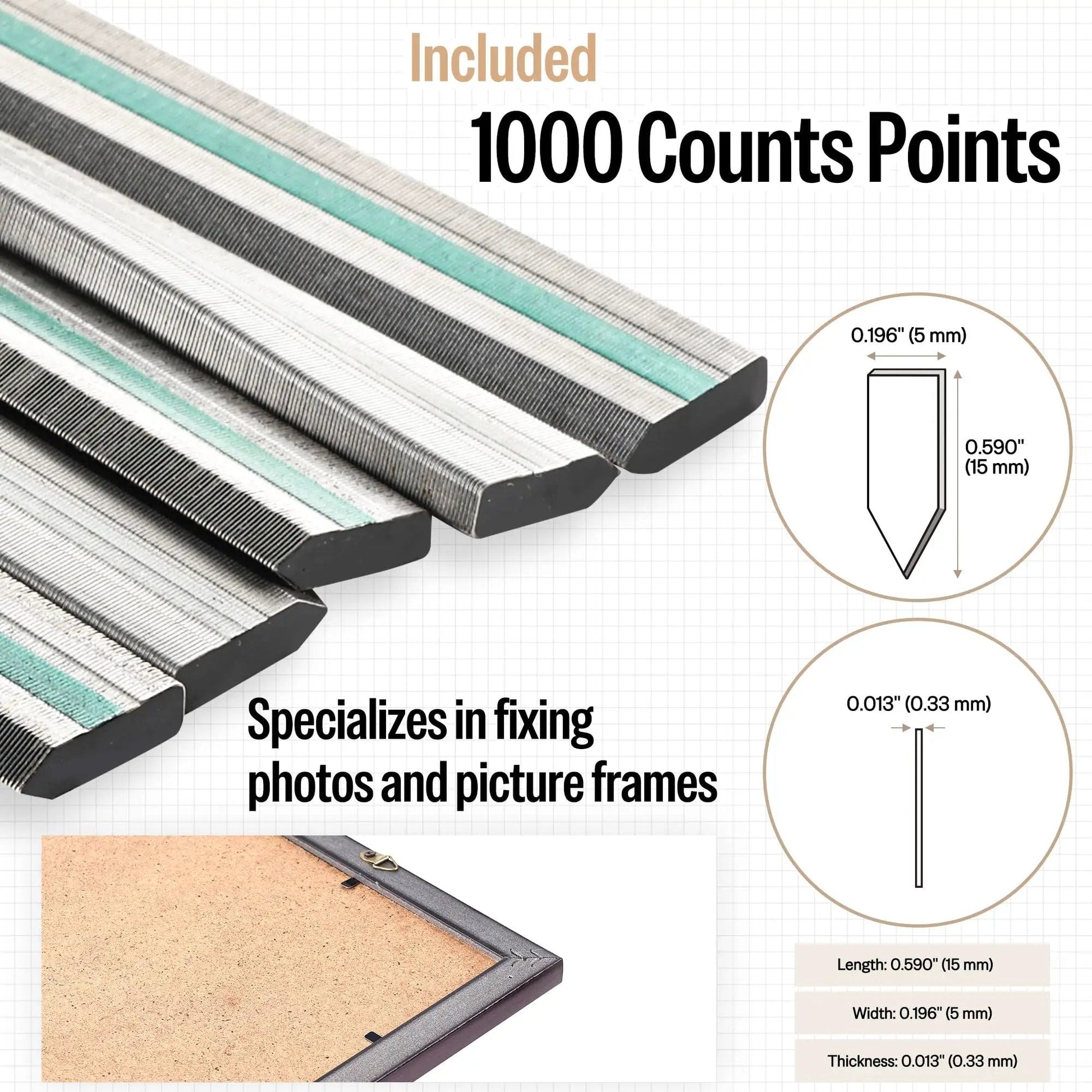 Close-up of 1000 flexible nails for Point Driver HM515 Manual Framing Tool With 1000 Flexible Nails For Picture Frames And DIY Crafts