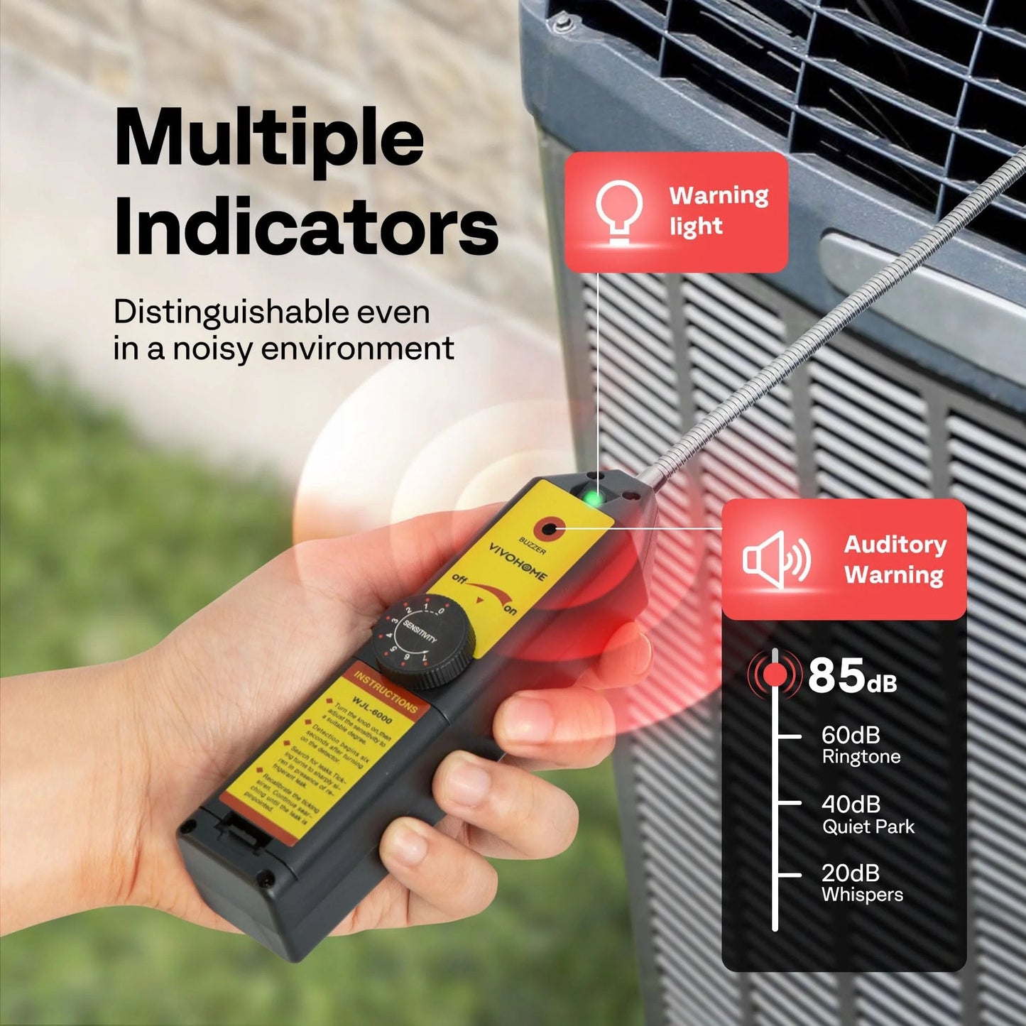 Freon Leak Detector For HVAC Systems With LED Light And 7 Adjustable Sensitivity Levels Detects R134a R410a R1234yf CFCs HCFCs HFCs HFOs Sniffer Tool For Auto AC And Home HVAC Leaks Easy To Use With High Accuracy VIVOHOME shows multiple indicators and a user engaging with it.