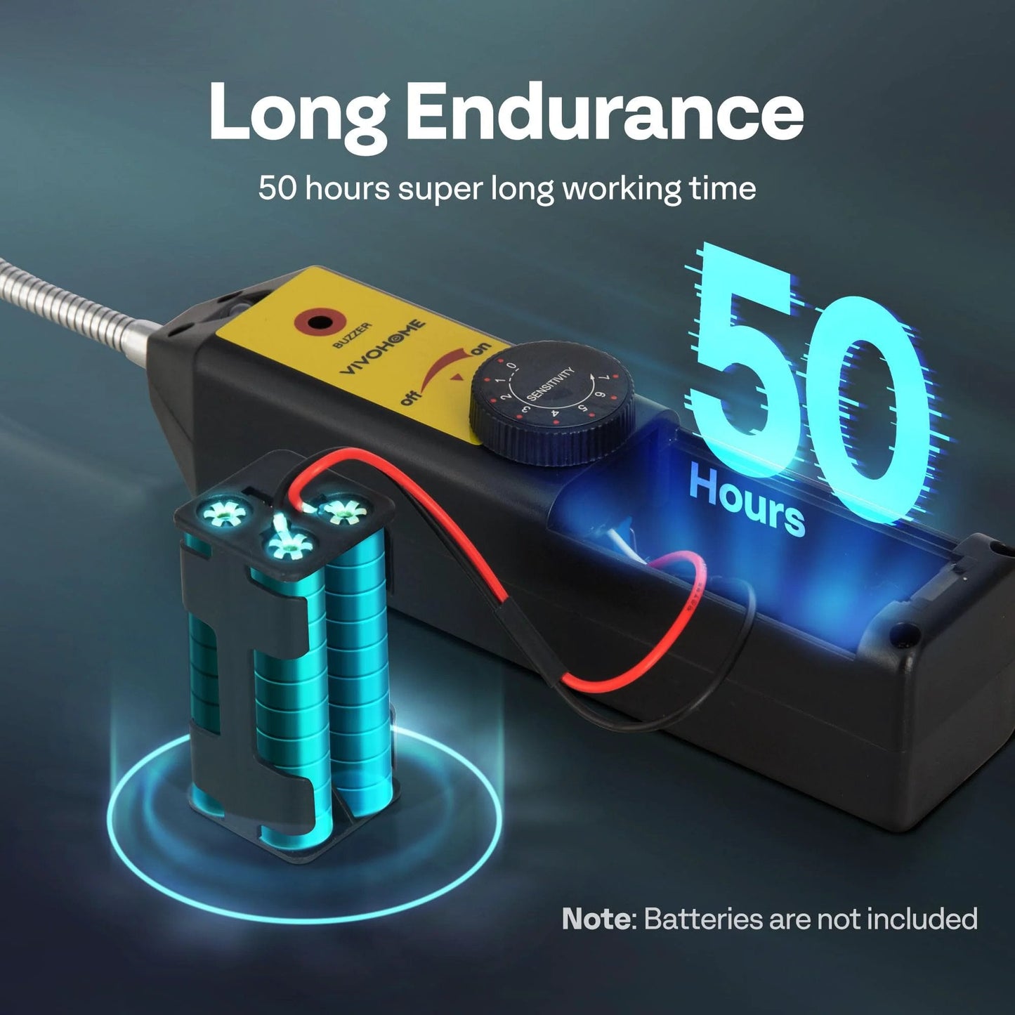 Freon Leak Detector For HVAC Systems With LED Light And 7 Adjustable Sensitivity Levels Detects R134a R410a R1234yf CFCs HCFCs HFCs HFOs Sniffer Tool For Auto AC And Home HVAC Leaks Easy To Use With High Accuracy VIVOHOME showing battery compartment and timer display.