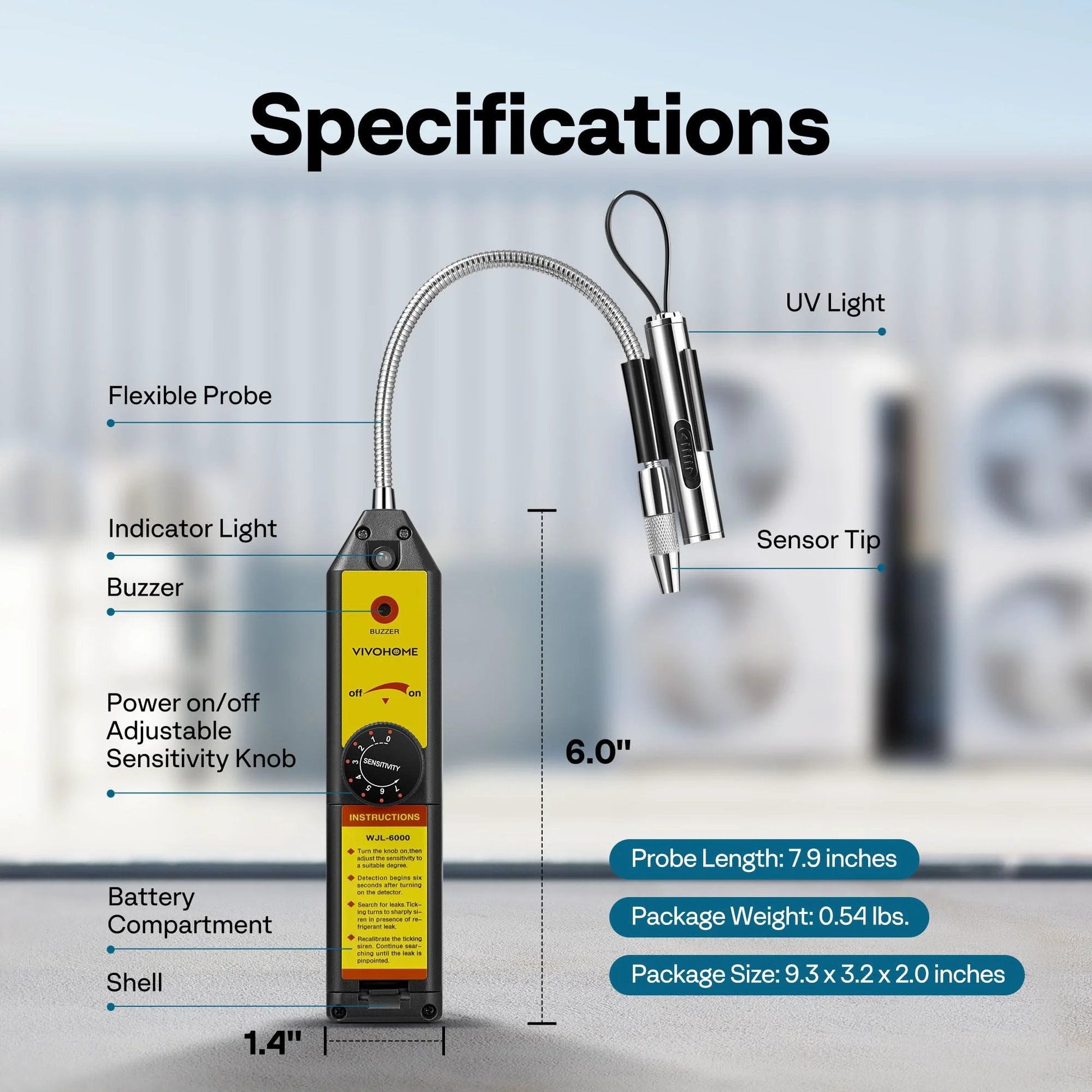 Freon Leak Detector For HVAC Systems With LED Light And 7 Adjustable Sensitivity Levels Detects R134a R410a R1234yf CFCs HCFCs HFCs HFOs Sniffer Tool For Auto AC And Home HVAC Leaks Easy To Use With High Accuracy VIVOHOME specifications including flexible probe and indicator light.