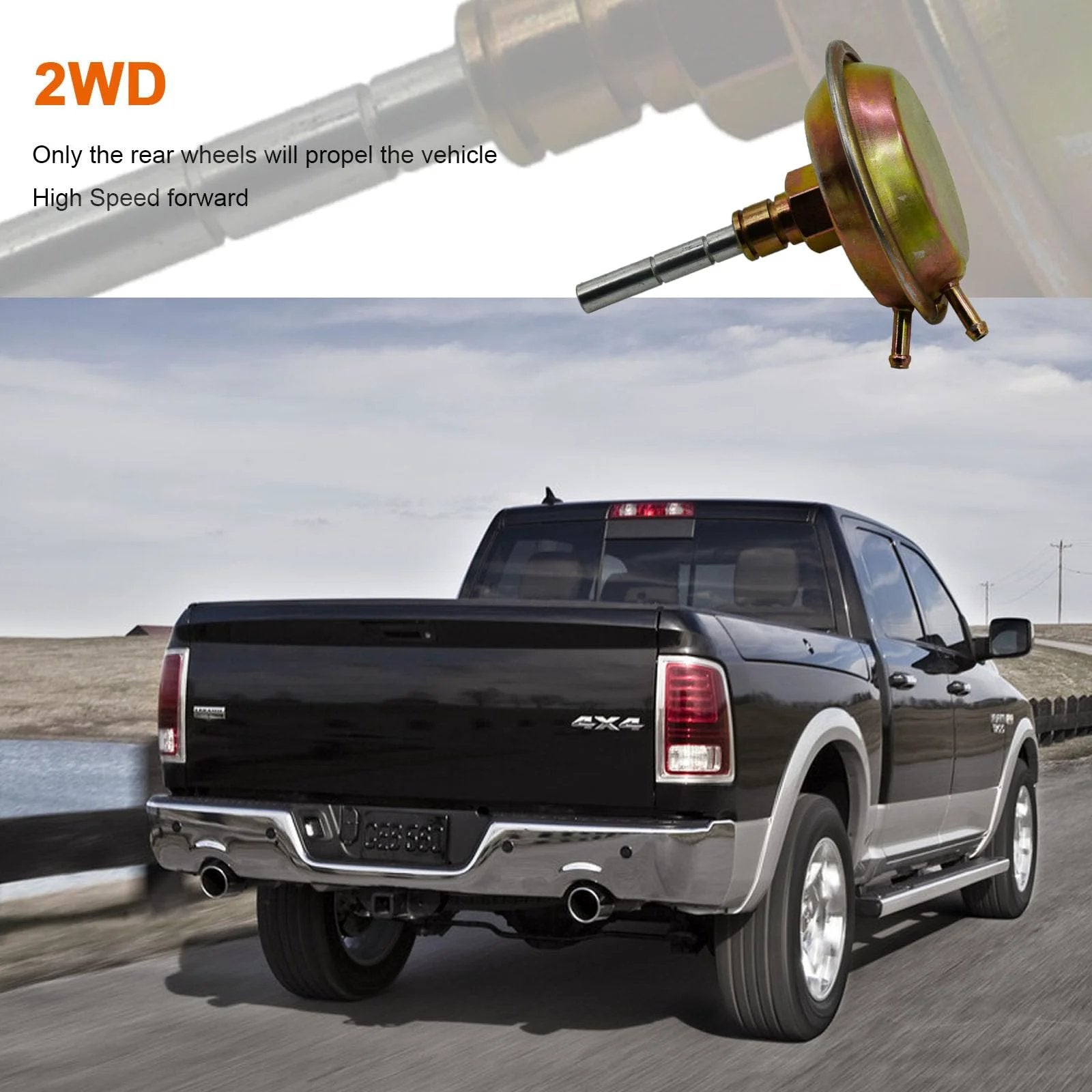 Front Axle 4WD Vacuum Shift Actuator Replacement For Dodge Ram 1500 2500 3500 Ramcharge Cherokee Comanche Wrangler Replaces 4506116 4882682 600202 installed on black truck from rear view.