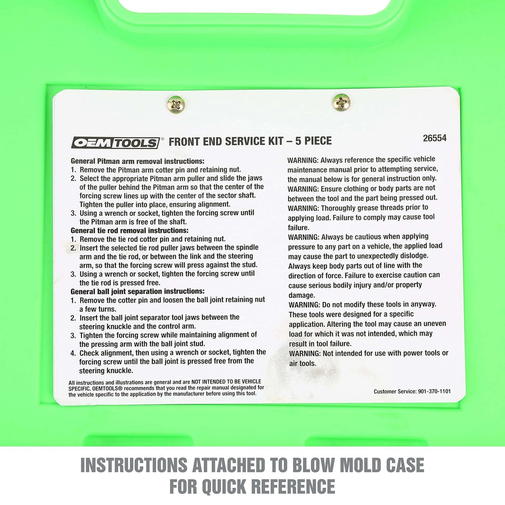 Instruction label on 26554 Front End Service Kit case for Pitman Arm Puller & Ball Joint Separator.