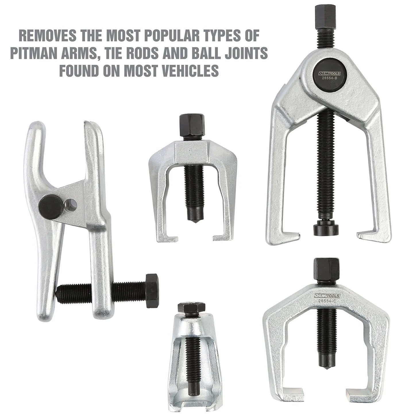 26554 Front End Service Kit showing Pitman Arm Puller, Ball Joint Separator, and Tie Rod Removal Tool for suspension maintenance
