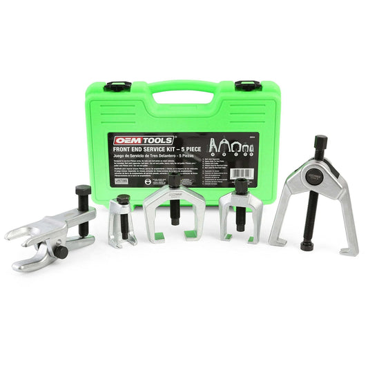Front view of 26554 Front End Service Kit including Pitman Arm Puller, Ball Joint Separator, Tie Rod Removal Tool with green case.