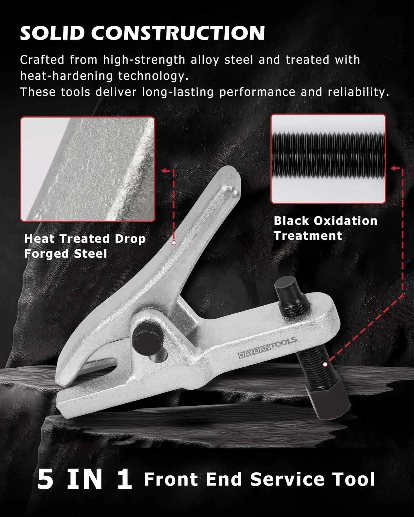 5pcs Professional Front End Service Tool Kit showing a Pitman Arm Puller with alloy steel and black oxidation treatment.