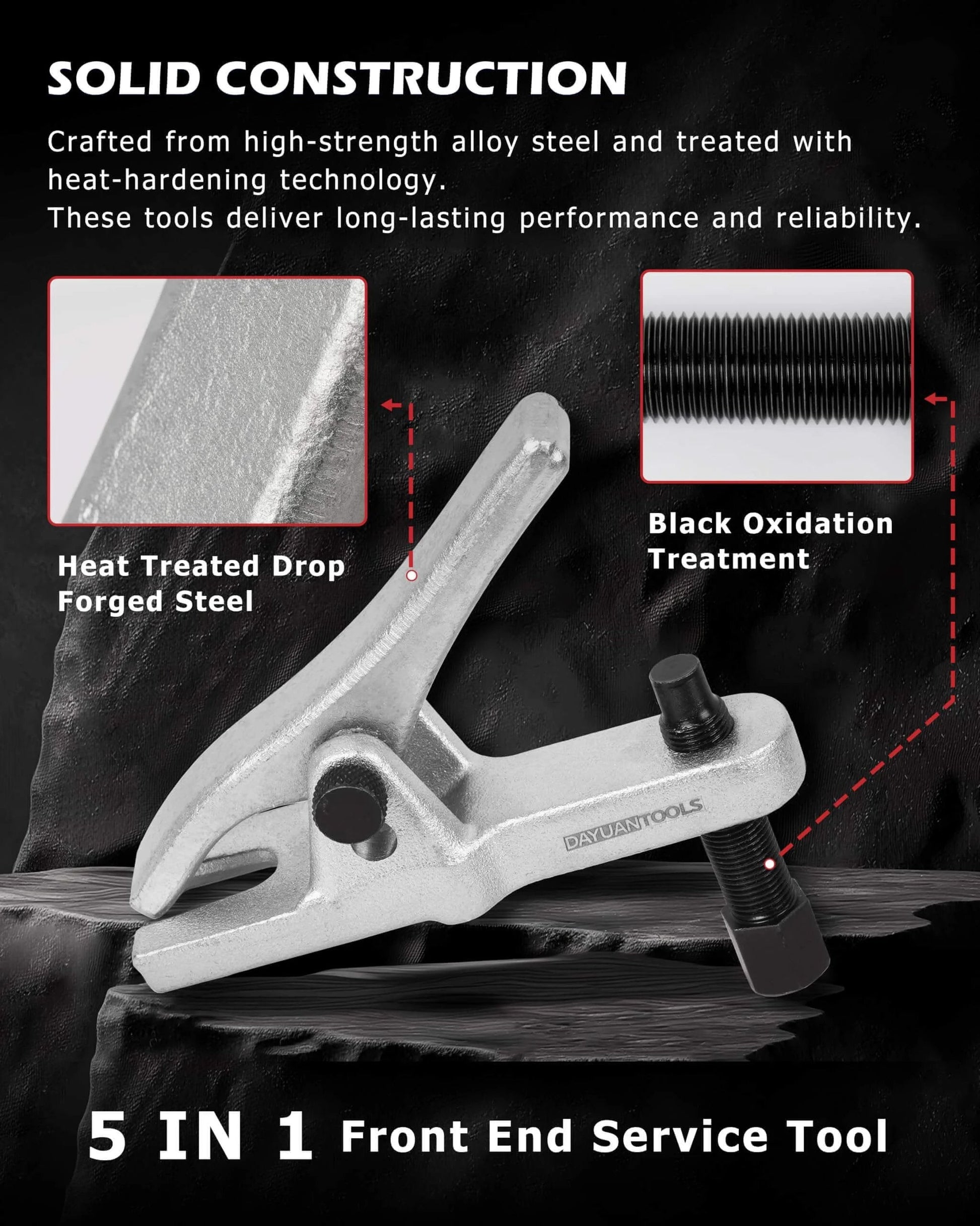 5pcs Professional Front End Service Tool Kit showing a Pitman Arm Puller with alloy steel and black oxidation treatment.