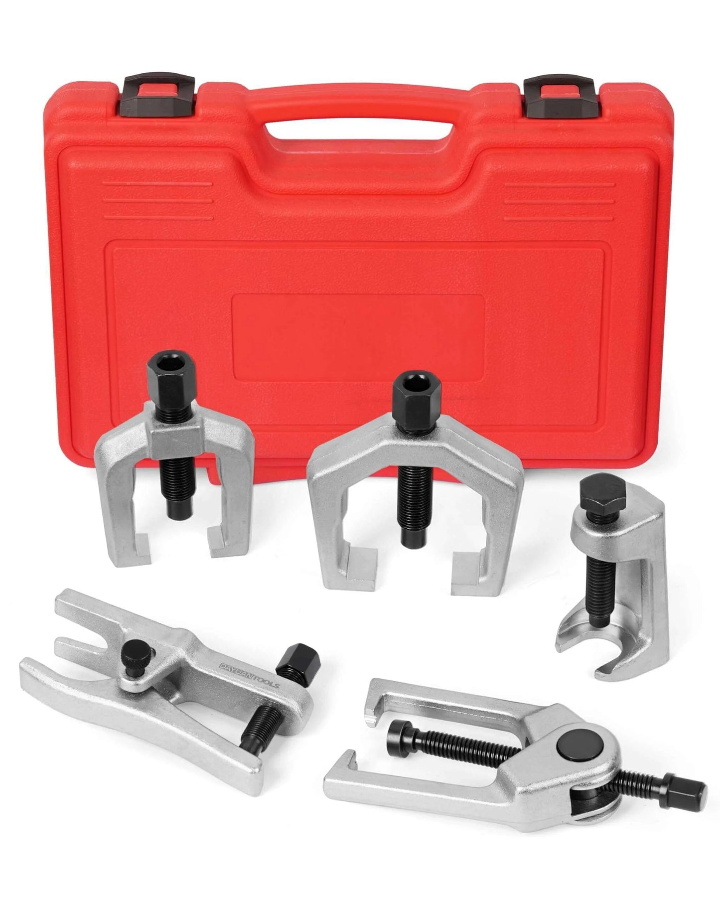 5pcs Professional Front End Service Tool Kit with Pitman Arm Puller, Ball Joint Separator, Tie Rod Remover, and red carrying case.