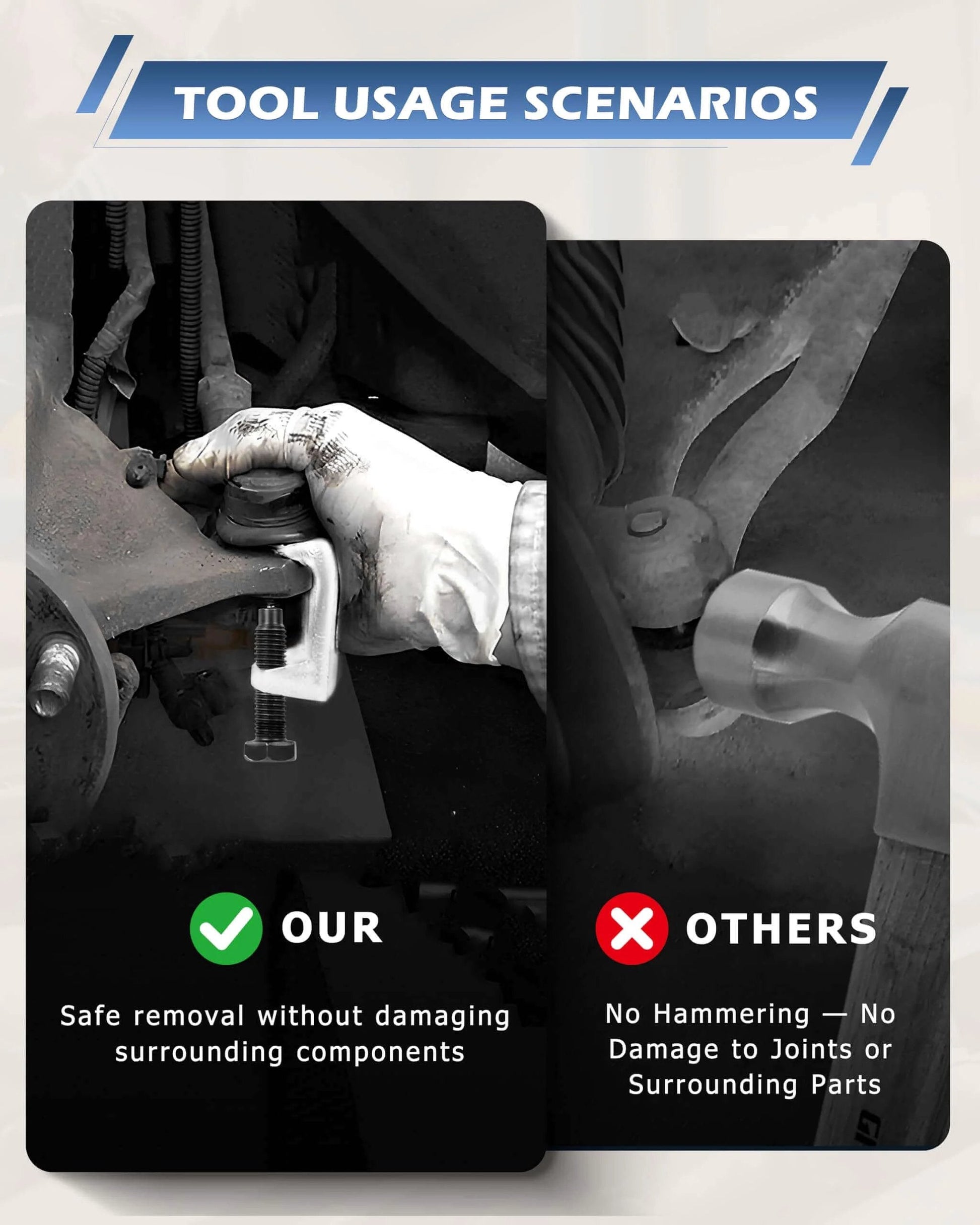Comparison of 5pcs Professional Front End Service Tool Kit use with gloves for safe removal against other tools for joint removal.