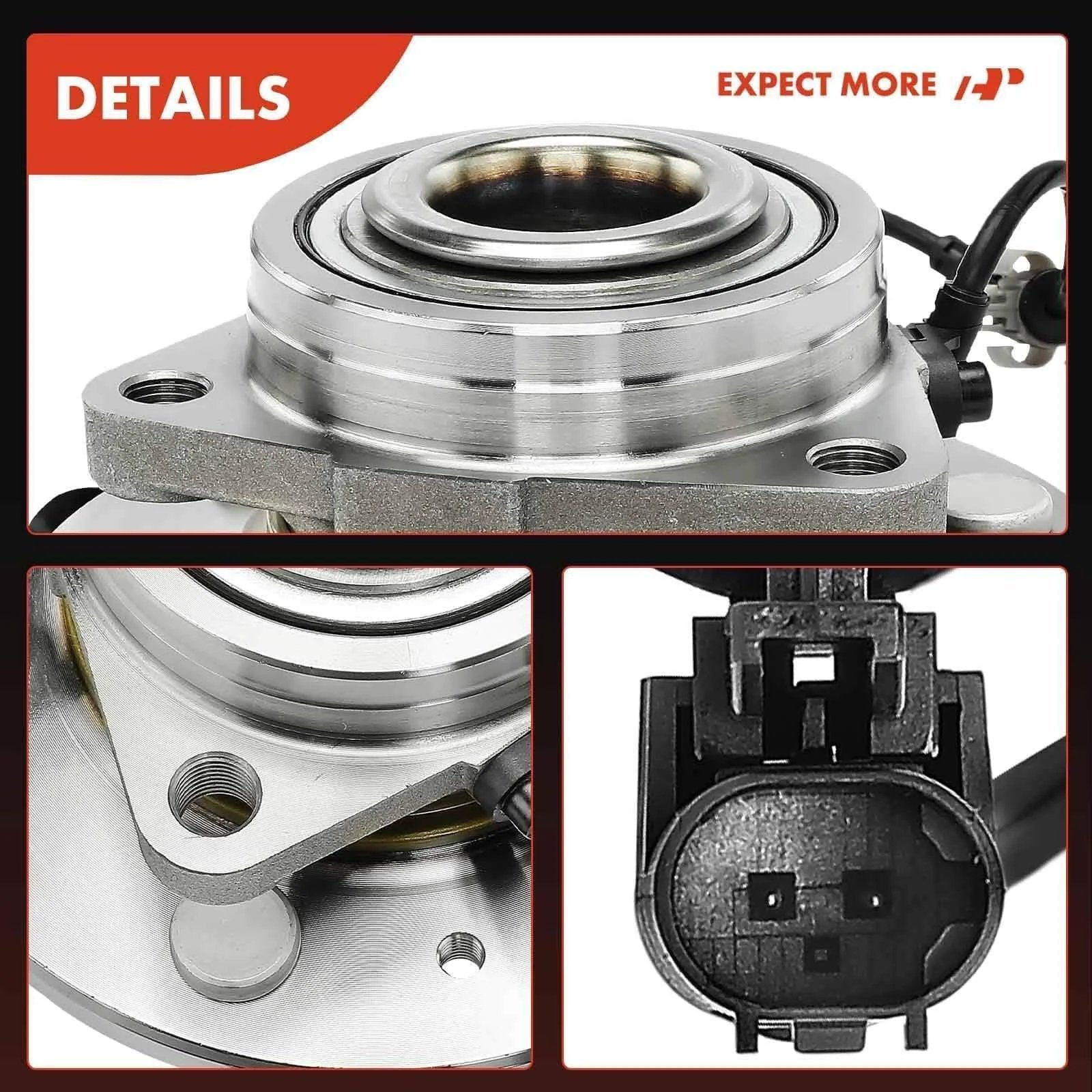 Close-up of 2 Pack Front Wheel Bearing Hub Assembly for 4WD Chevy Silverado Tahoe Suburban Avalanche GMC Sierra Yukon XL and Cadillac Escalade ESV EXT, 6 Lug with ABS Sensor, Front Left and Right OE Replacement.