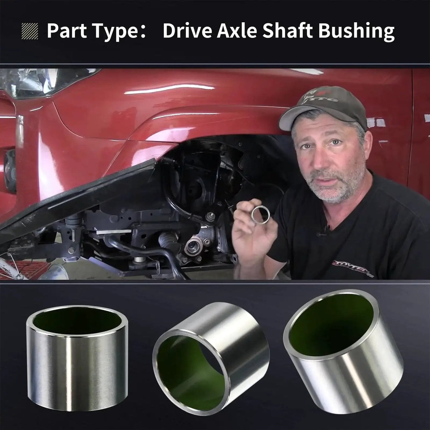 Mechanic showing Drive Axle Shaft Bushing for Front Toyota 8 Inch with Clamshell Design Vanshly YB AX018 next to vehicle