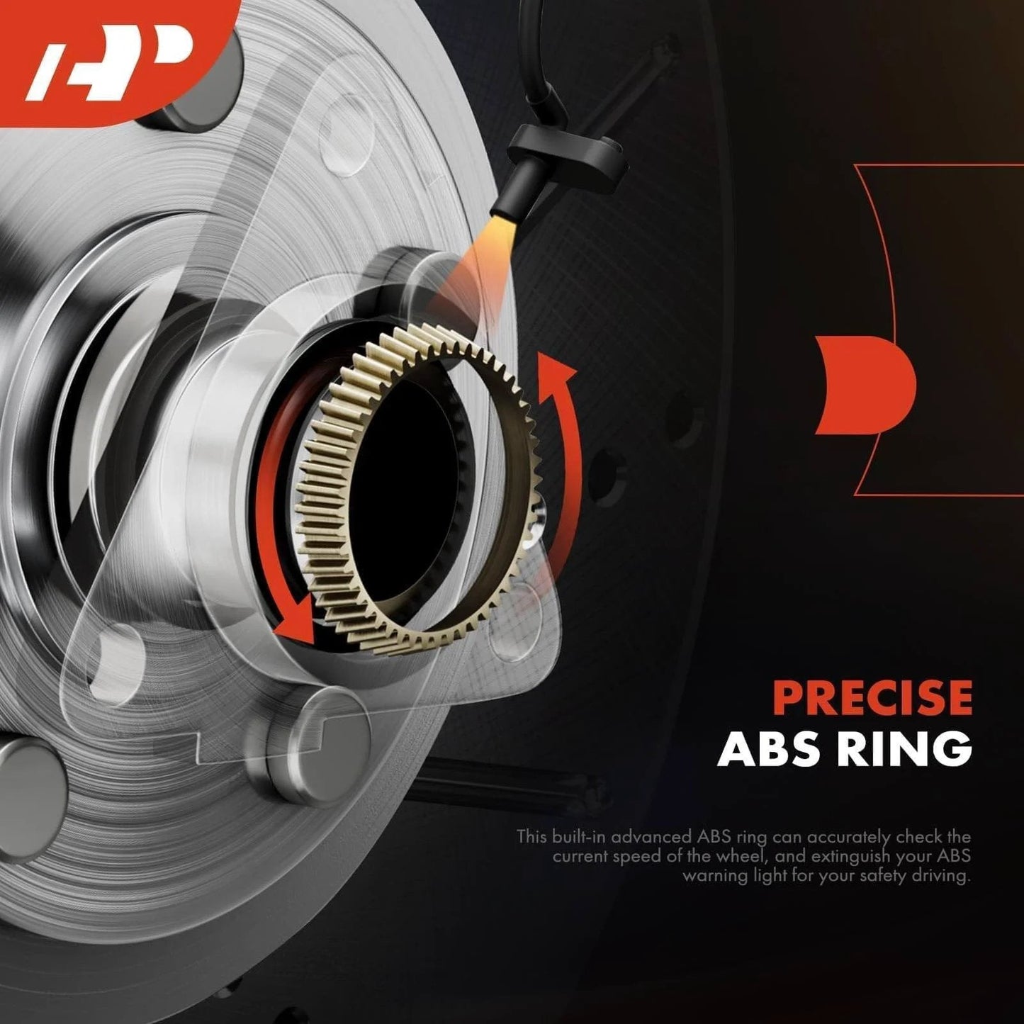Close-up of ABS ring on 2 Pack Front Wheel Bearing Hub Assembly for 4WD Chevy Silverado Tahoe Suburban Avalanche GMC Sierra Yukon XL and Cadillac Escalade ESV EXT, 6 Lug with ABS Sensor, Front Left and Right OE Replacement.