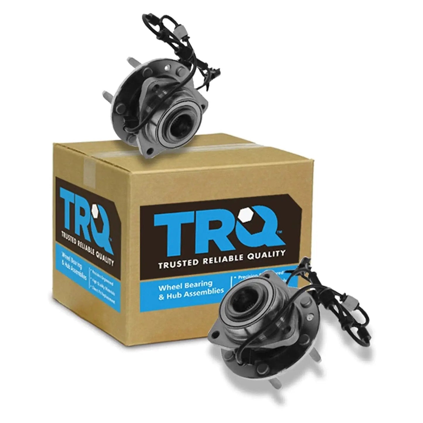 Front Wheel Bearing And Hub Assembly Set For Chevrolet Trailblazer Trailblazer Ext GMC Envoy Envoy XL Buick Rainier And Saab 9 7X Two Piece Driver And Passenger Sides For Direct Fit No Hassle Easy Install By TRQ next to TRQ packaging
