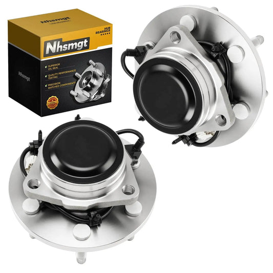 Front Wheel Bearing Hub Pair For RWD Chevy Silverado 1500 Sierra 1500 Tahoe Suburban 1500 Yukon Escalade Avalanche 1500 Express Savana 1500 2500 Six-Lug ABS Compatible Two-Piece, showcasing front and side views with packaging.