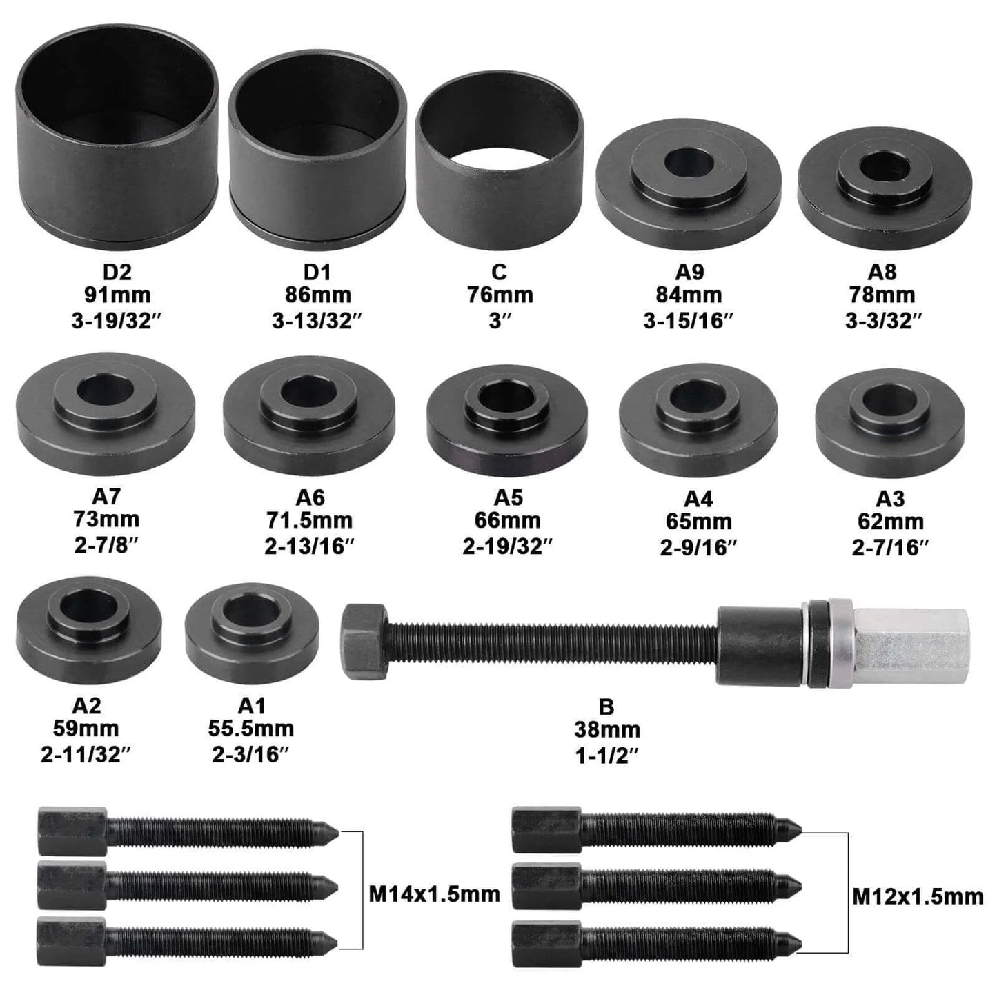 Components of 19pcs Front Wheel Drive Bearing Removal Installation Service Tool Kit FWD Bearing Install Master Set, labeled with sizes.