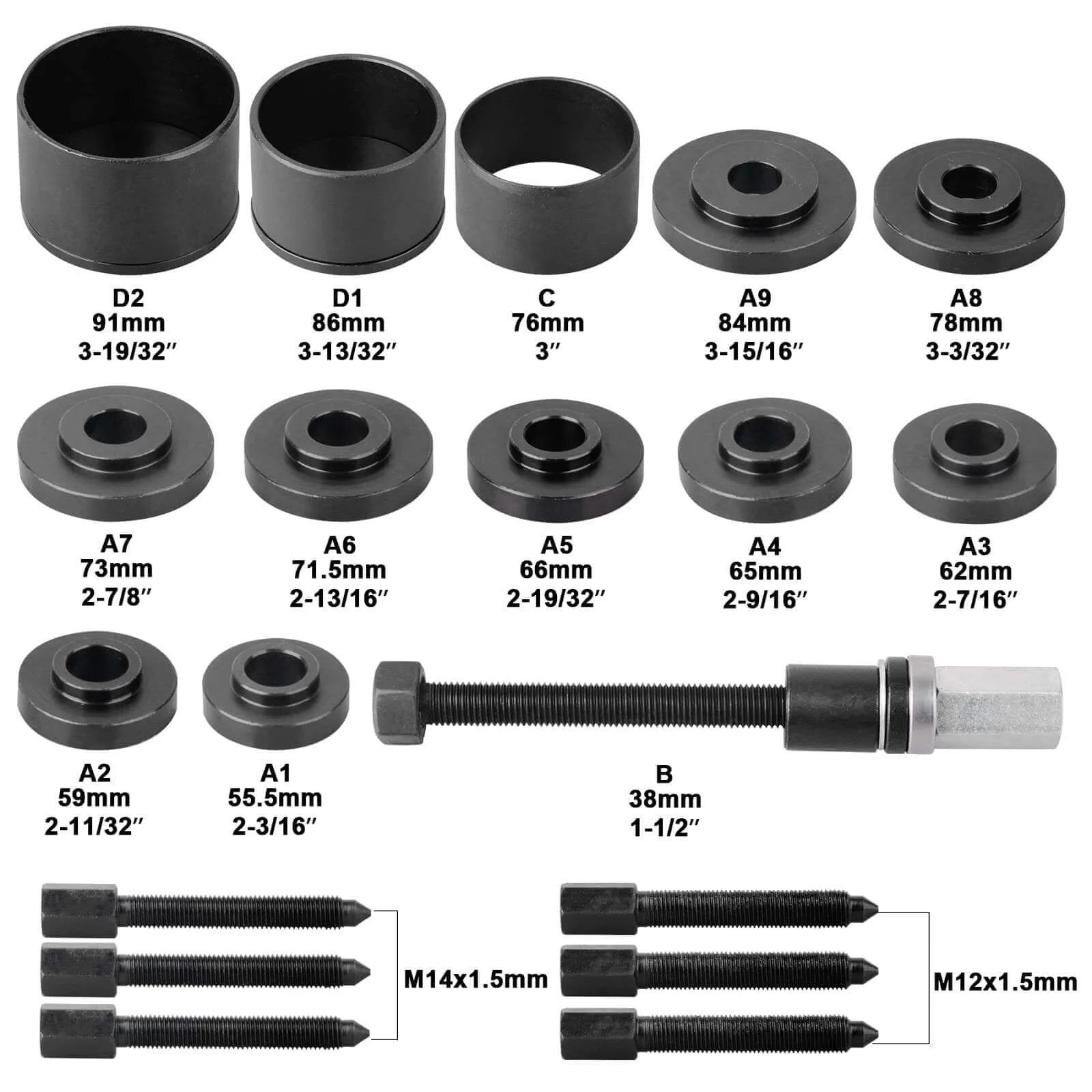 Components of 19pcs Front Wheel Drive Bearing Removal Installation Service Tool Kit FWD Bearing Install Master Set, labeled with sizes.