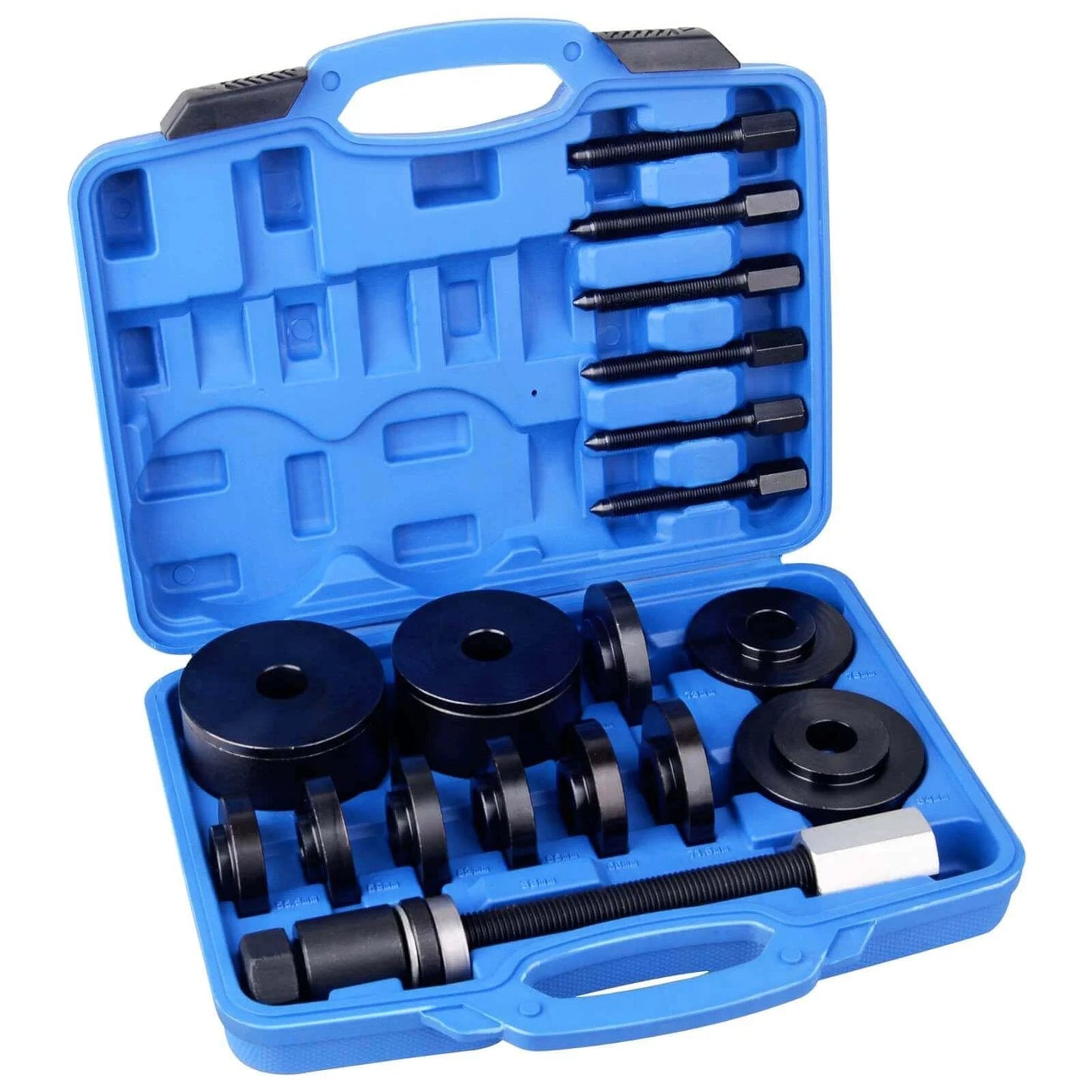 Open case showing 19pcs Front Wheel Drive Bearing Removal Installation Service Tool Kit with black components and blue case.