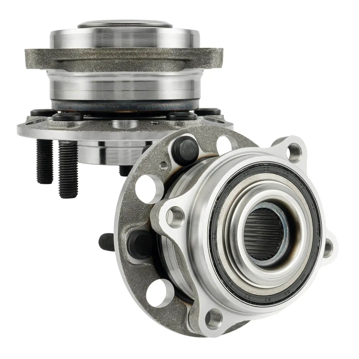 Front Wheel Bearing And Hub Assembly 513409 Fits 2016 2020 Kia Sorento FWD And AWD Front 2015 2018 Hyundai Santa Fe Sport Front 2015 2018 Hyundai Santa Fe Front 2019 Hyundai Santa Fe XL Front, two metal assemblies close-up view