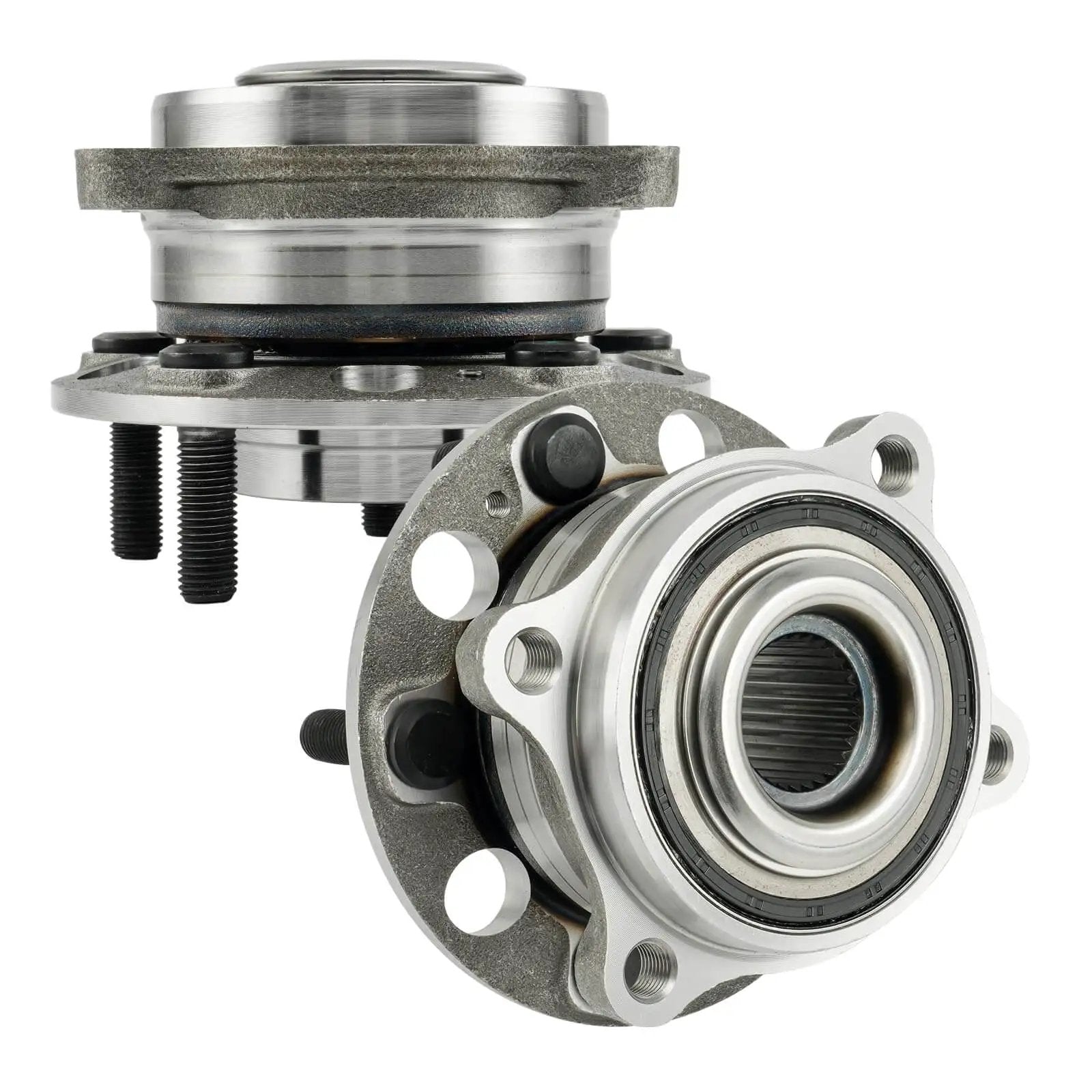 Front Wheel Bearing And Hub Assembly 513409 Fits 2016 2020 Kia Sorento FWD And AWD Front 2015 2018 Hyundai Santa Fe Sport Front 2015 2018 Hyundai Santa Fe Front 2019 Hyundai Santa Fe XL Front, two metal assemblies close-up view