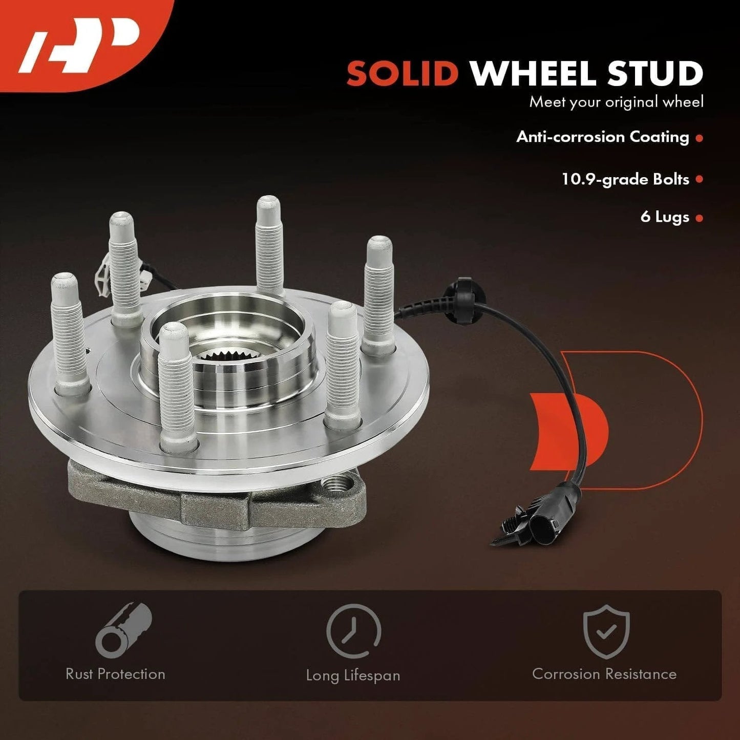 2 Pack Front Wheel Bearing Hub Assembly for 4WD Chevy Silverado Tahoe Suburban Avalanche GMC Sierra Yukon XL and Cadillac Escalade ESV EXT, 6 Lug with ABS Sensor, Front Left and Right OE Replacement showing wheel stud and ABS sensor