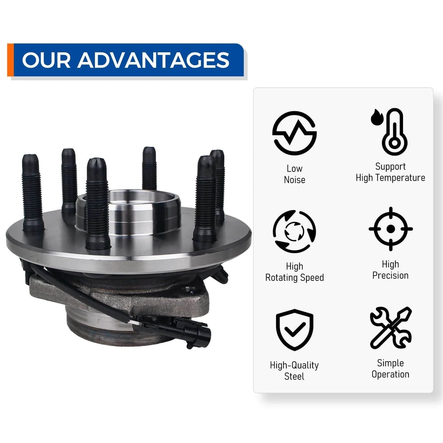 515036 Front Wheel Hub Bearing Assembly for 4WD AWD Chevy Silverado with ABS, 6 Lug, featuring advantages like low noise and high precision.