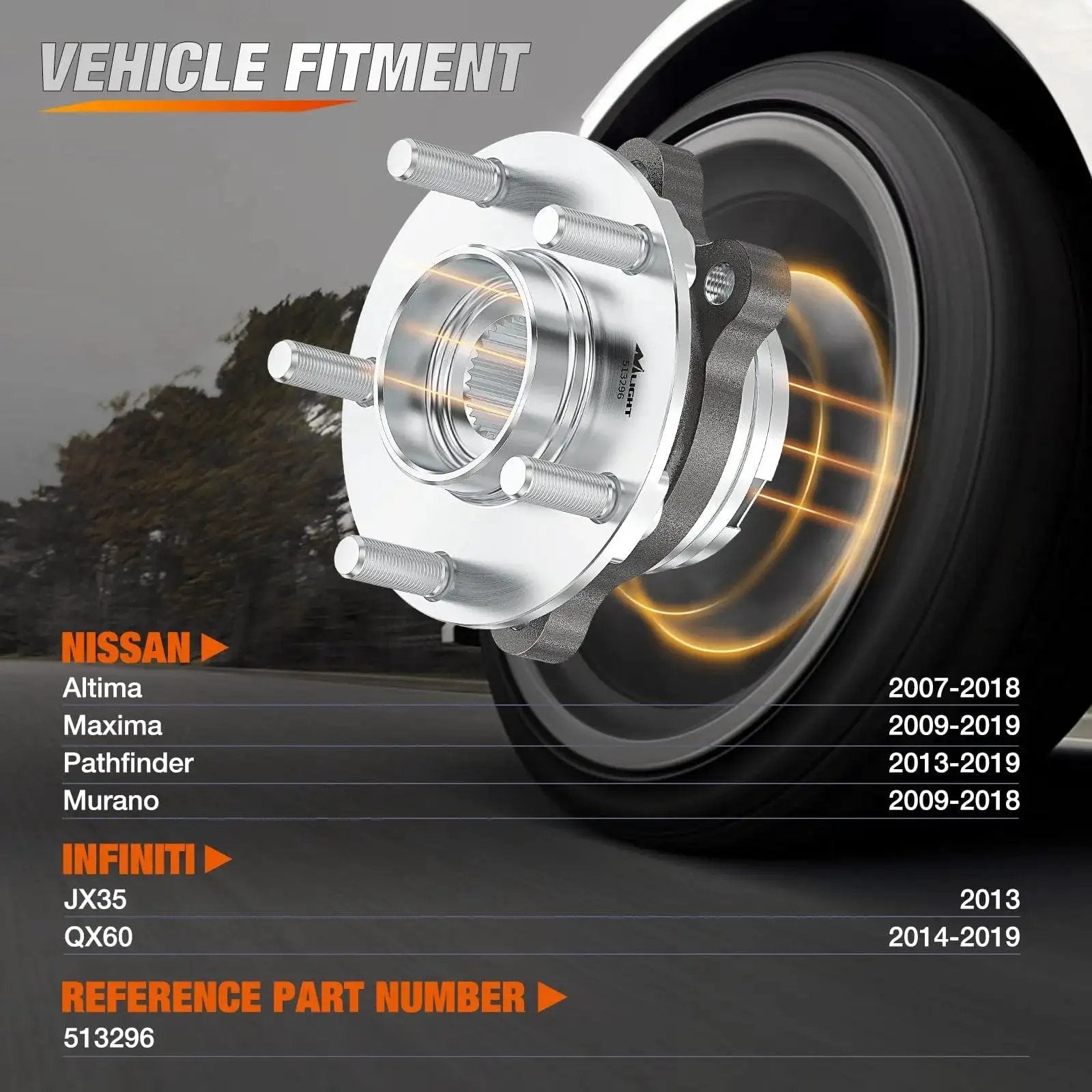 Front Wheel Hub Bearing Assembly Compatible With Nissan Altima Murano Maxima Pathfinder Infiniti QX60 JX35 QX50 32 Tooth Spline OE 513296 Replacement Part For Smooth Steering And Quiet Ride shown installed on vehicle wheel.