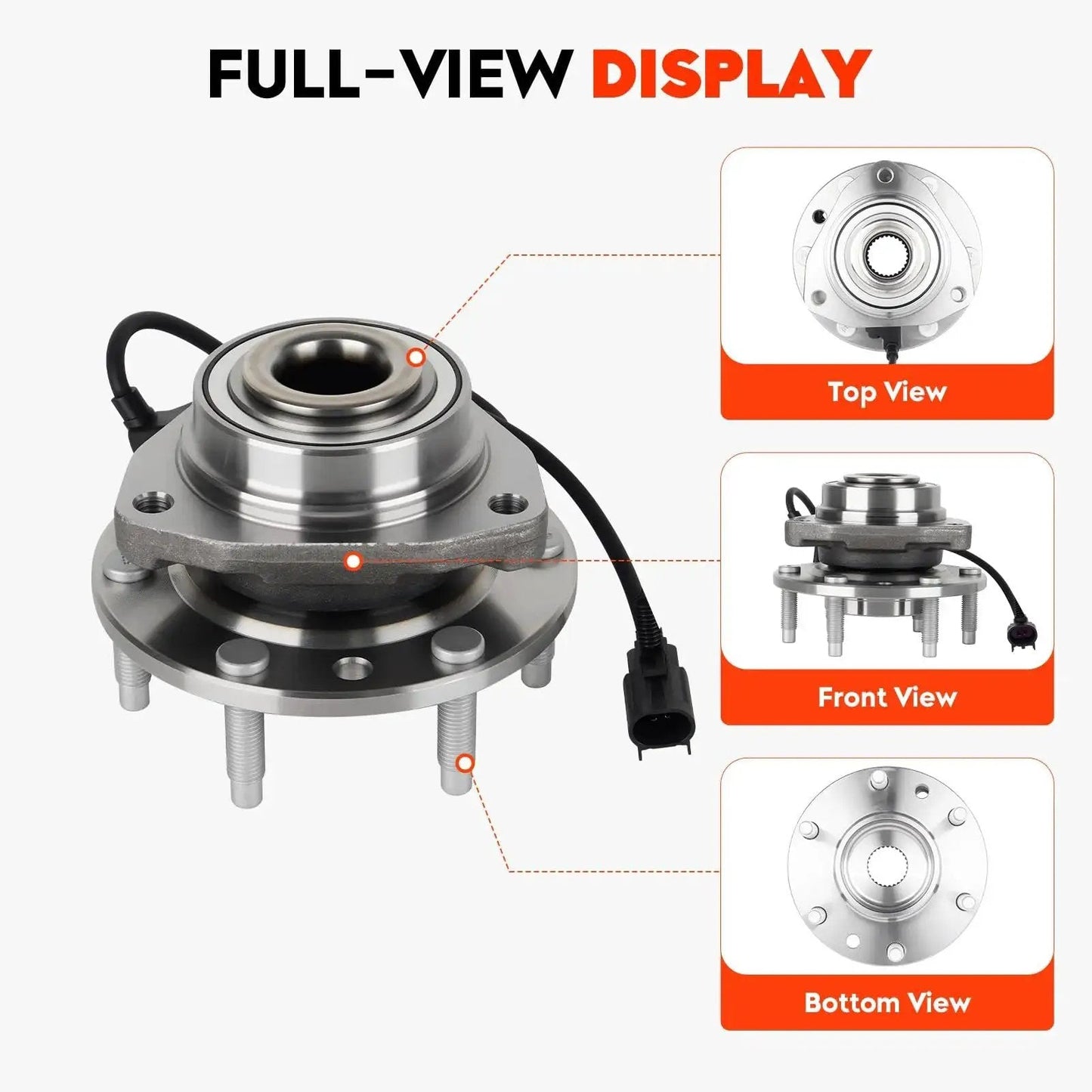 Front Wheel Hub Bearing Assembly For Chevy Trailblazer SSR Trailblazer EXT GMC Envoy Envoy Xl Envoy Xuv Buick Rainier Isuzu Ascender Saab Nine Seven X Oldsmobile Bravada Six Lug With ABS Replaces 513188 Two Pieces, top and side view.