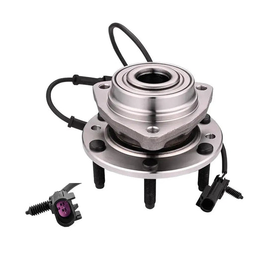 Front Wheel Hub Bearing Assembly Replacement For 2002 To 2009 Chevrolet Trailblazer And 2002 To 2006 Trailblazer EXT, SSR, Also Fits 2002 To 2009 GMC Envoy, 2002 To 2006 Envoy XL, 2004 To 2005 Envoy XUV And 2003 To 2008 Isuzu Ascender PM Auto, showing metal unit with cables and connectors.